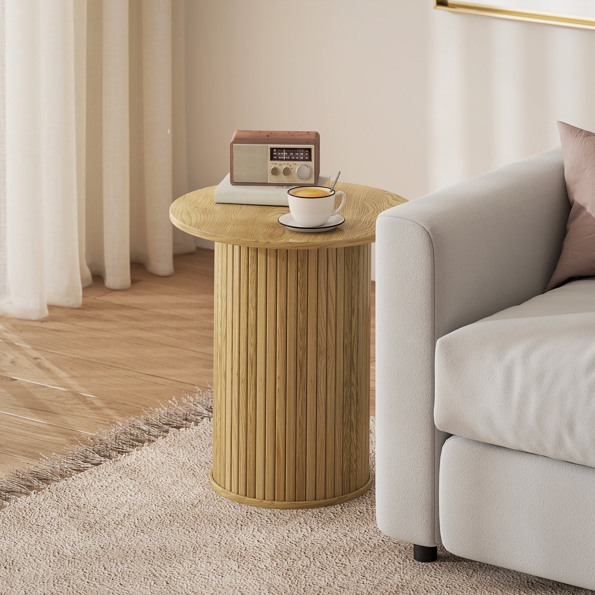 Table d'appoint ronde Ø 48 cm, table basse avec pieds cannelés, pour salon, chambre ou petit espace, chêne