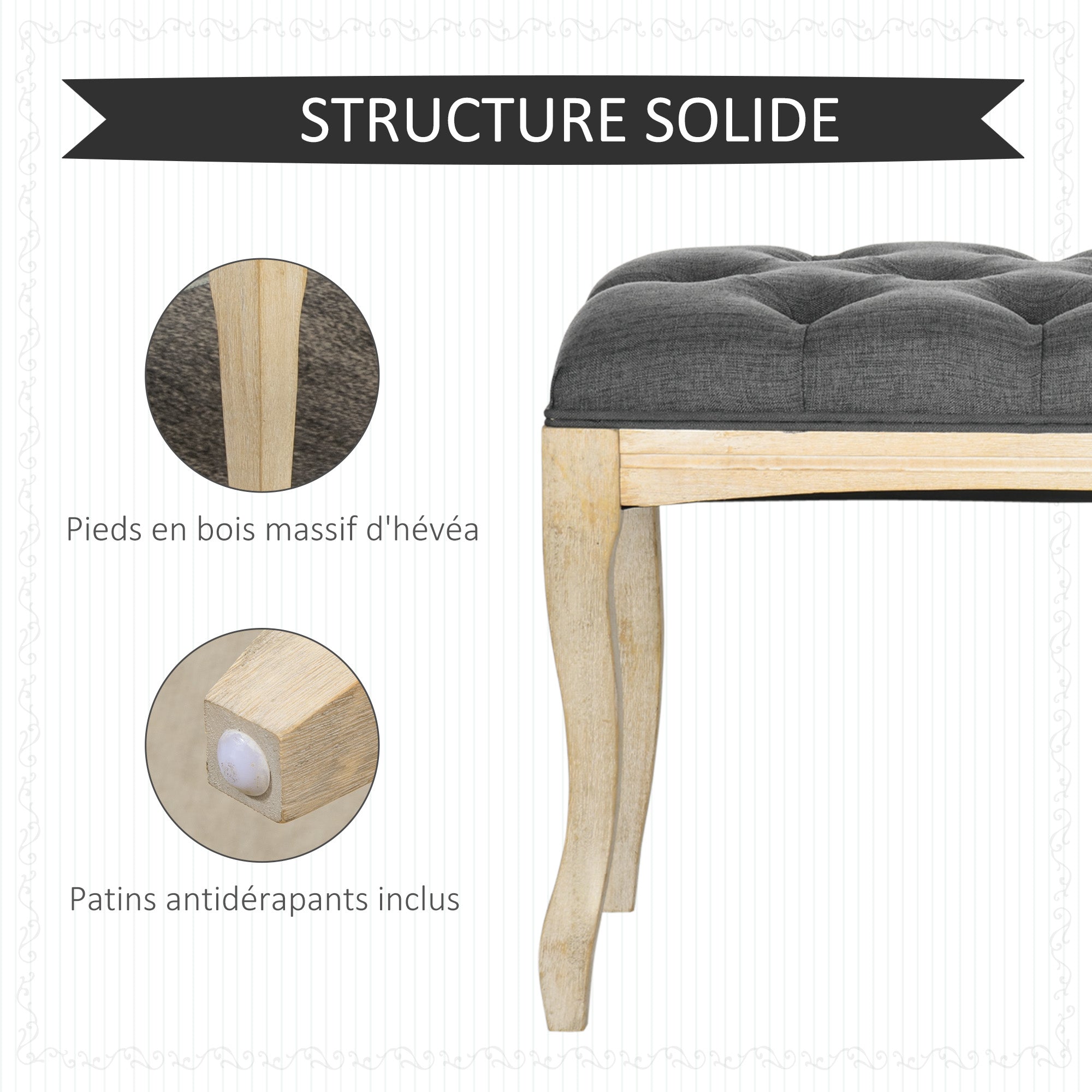 Banc Banquette capitonnée Style Classique 110 cm Bout de lit Rembourrée en lin piètement Bois hévéa sculpté Lin Gris