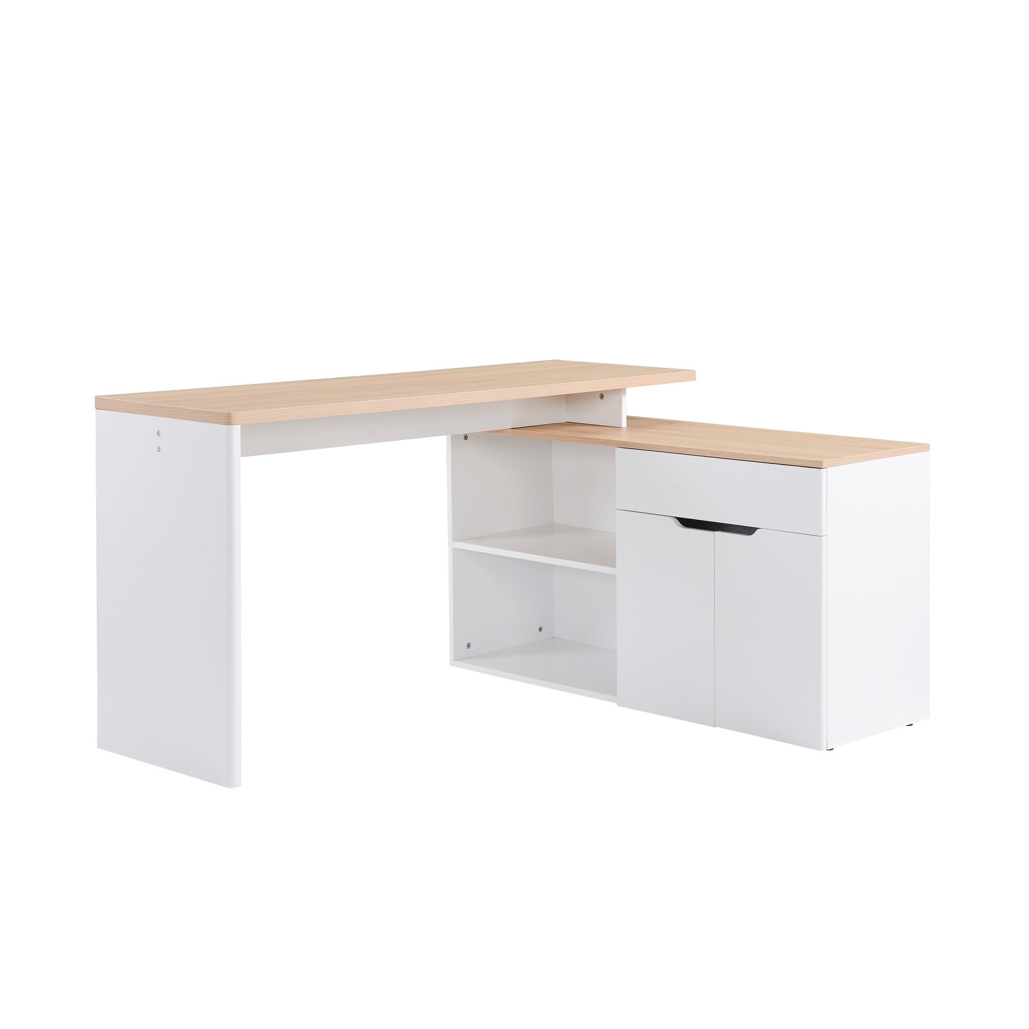 Bureau d'angle Bureau Informatique multimédia modulable Multi-rangements Double Niche + tiroir et Placard en Bois Clair Blanc