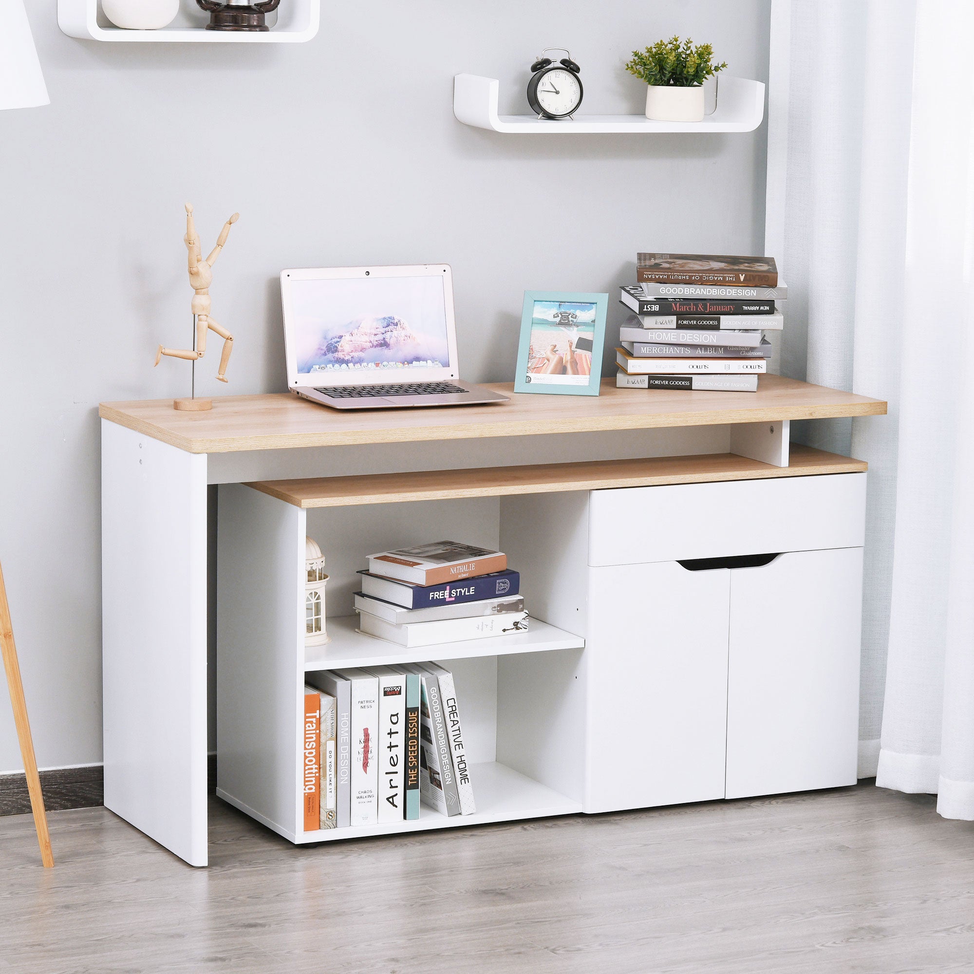 Bureau d'angle Bureau Informatique multimédia modulable Multi-rangements Double Niche + tiroir et Placard en Bois Clair Blanc