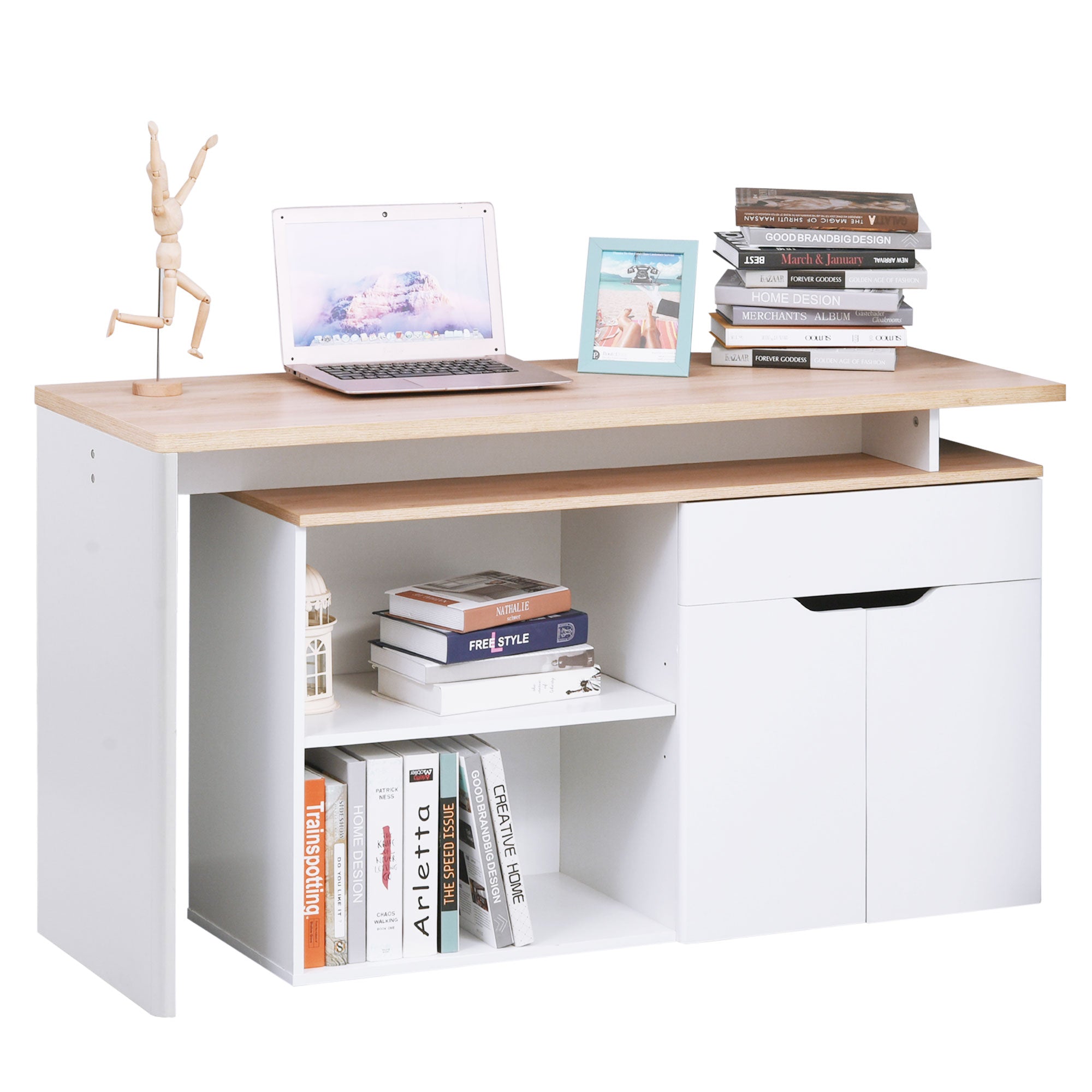 Bureau d'angle Bureau Informatique multimédia modulable Multi-rangements Double Niche + tiroir et Placard en Bois Clair Blanc