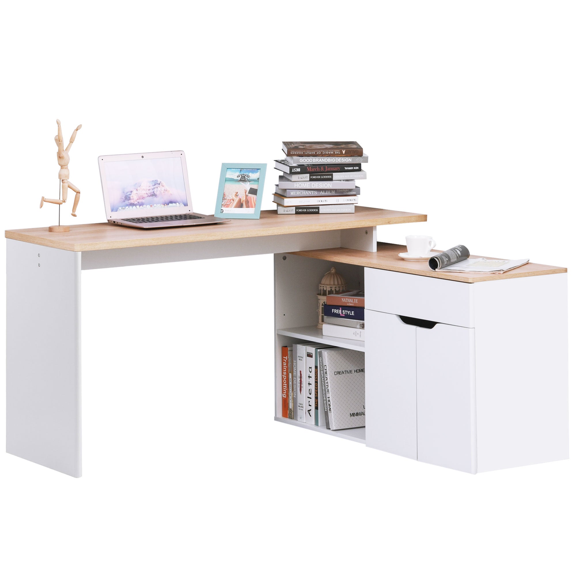 Bureau d'angle Bureau Informatique multimédia modulable Multi-rangements Double Niche + tiroir et Placard en Bois Clair Blanc