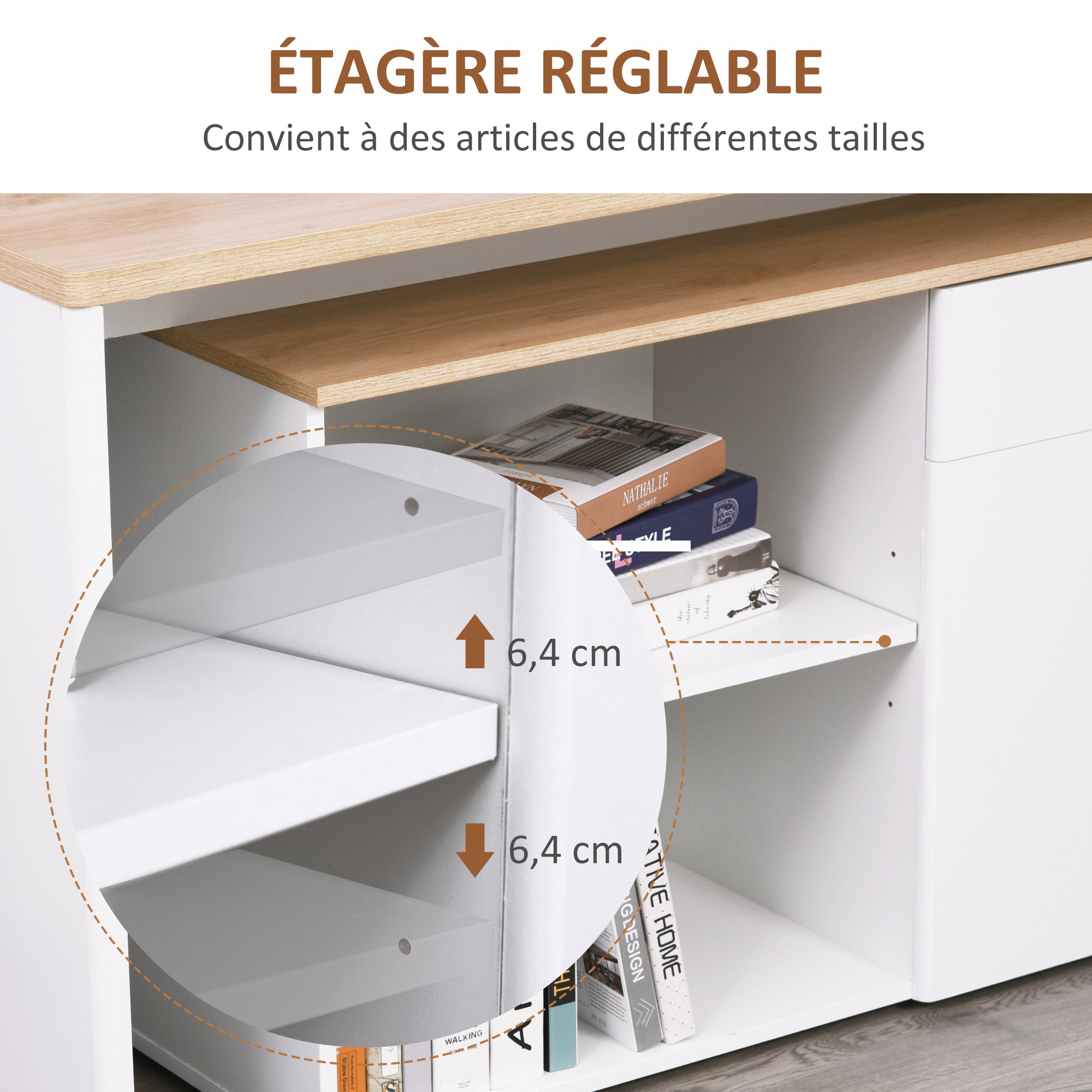 Bureau d'angle Bureau Informatique multimédia modulable Multi-rangements Double Niche + tiroir et Placard en Bois Clair Blanc