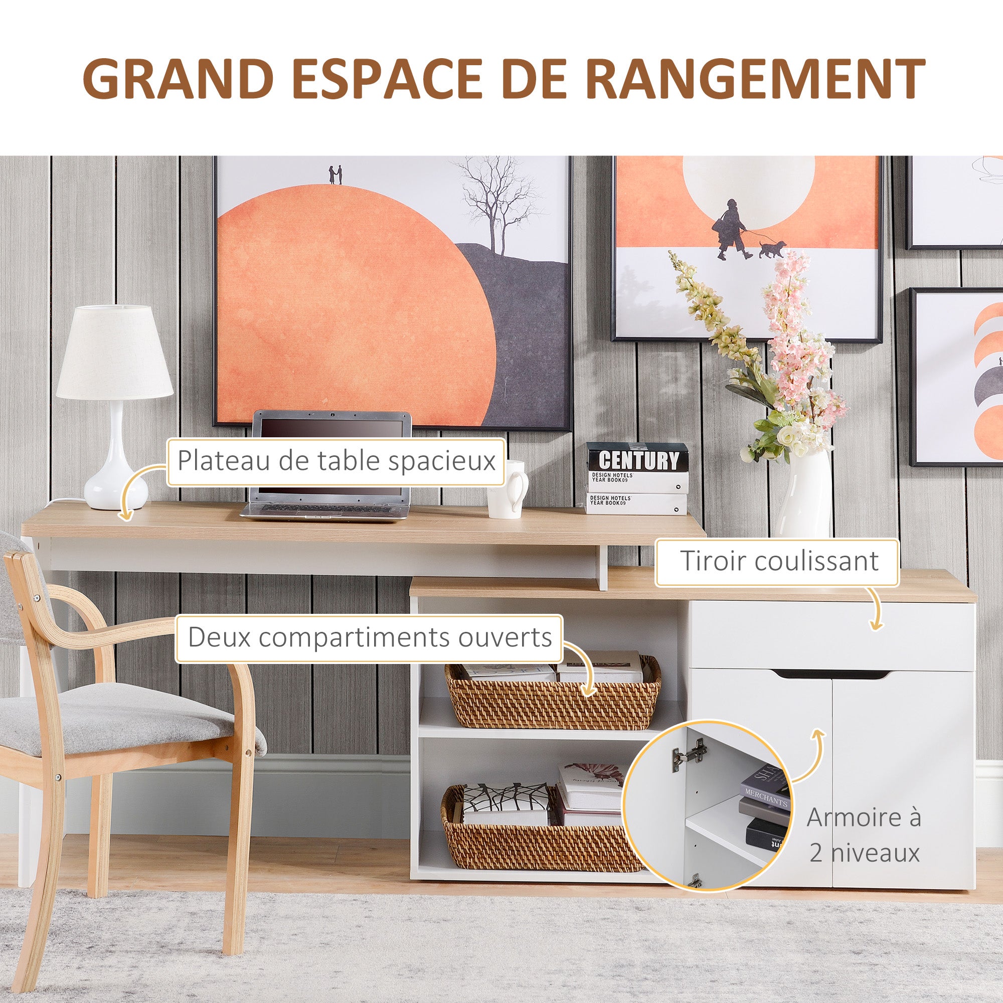 Bureau d'angle Bureau Informatique multimédia modulable Multi-rangements Double Niche + tiroir et Placard en Bois Clair Blanc