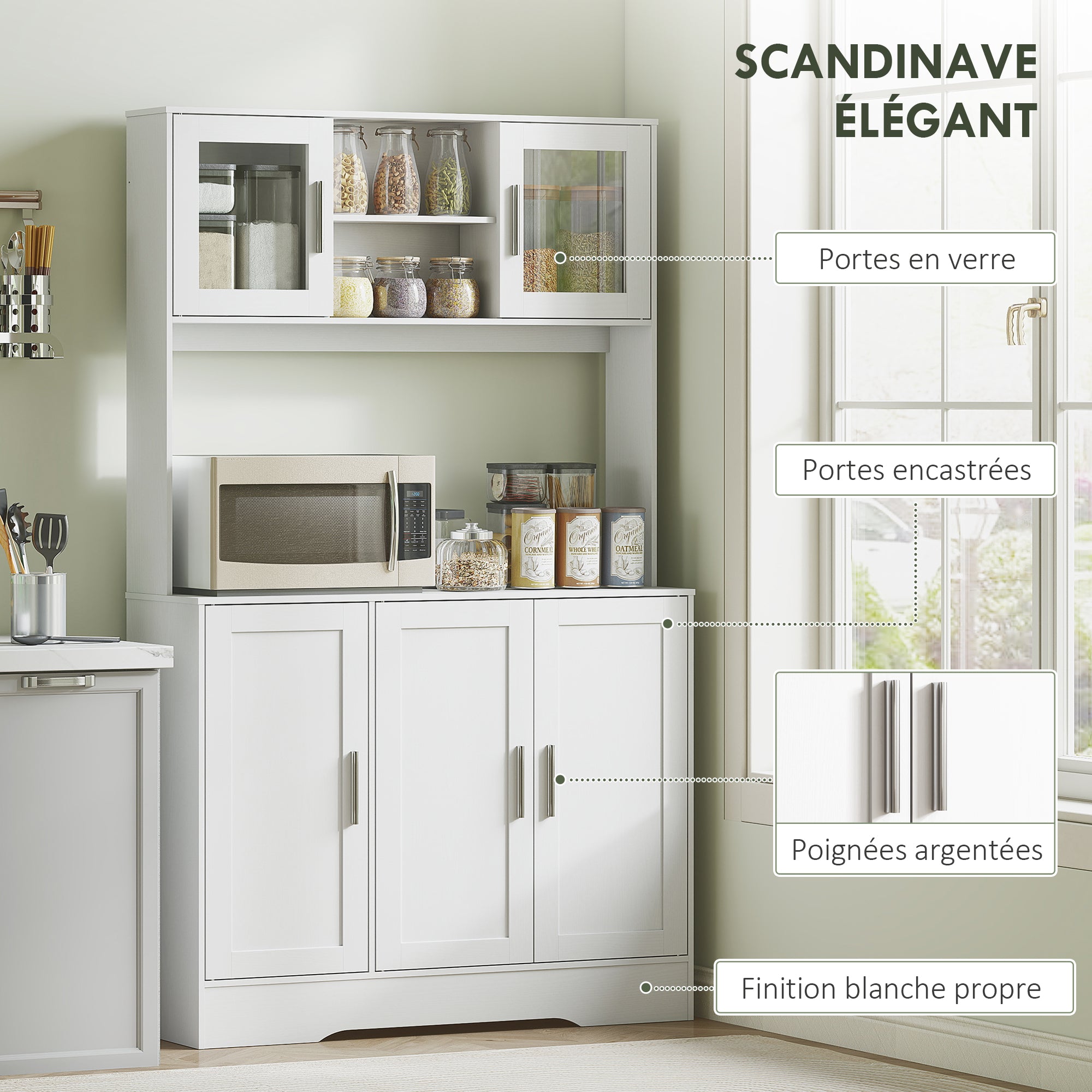 Armoire de cuisine, buffet cuisine meuble de rangement scandinave avec placards, compartiments ouverts, portes vitrées et plan de travail, pour salle à manger, salon, 108 x 35 x 180 cm, blanc