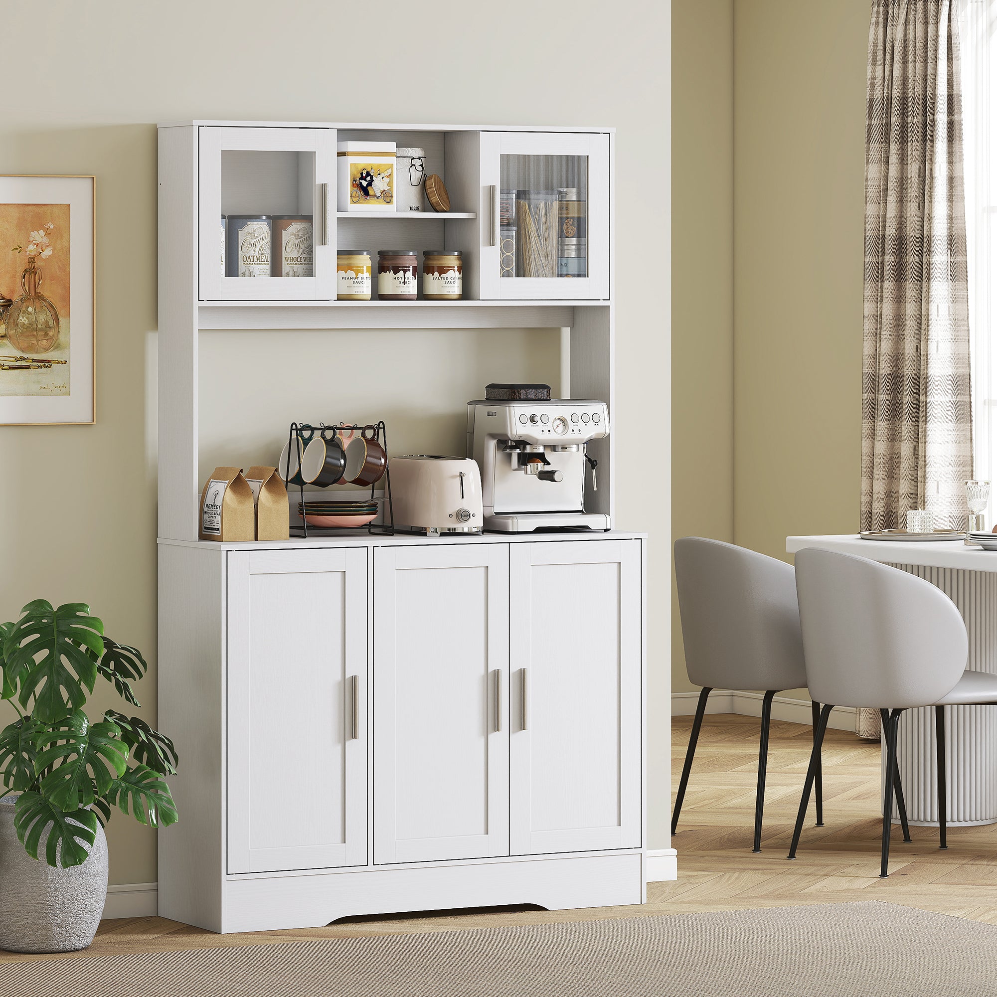 Armoire de cuisine, buffet cuisine meuble de rangement scandinave avec placards, compartiments ouverts, portes vitrées et plan de travail, pour salle à manger, salon, 108 x 35 x 180 cm, blanc