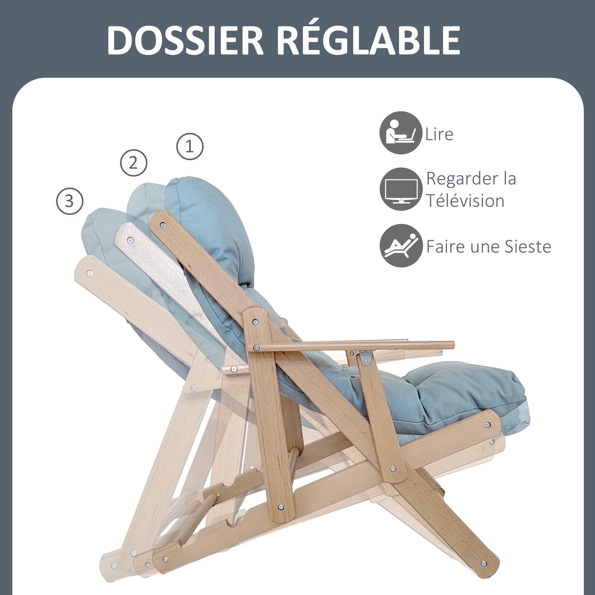 Fauteuil Chaise de Salon Pliable et inclinable en Bois Fauteuil Relax Confortable avec Coussin capitonné épais - 71 x 89 x 96 cm gris