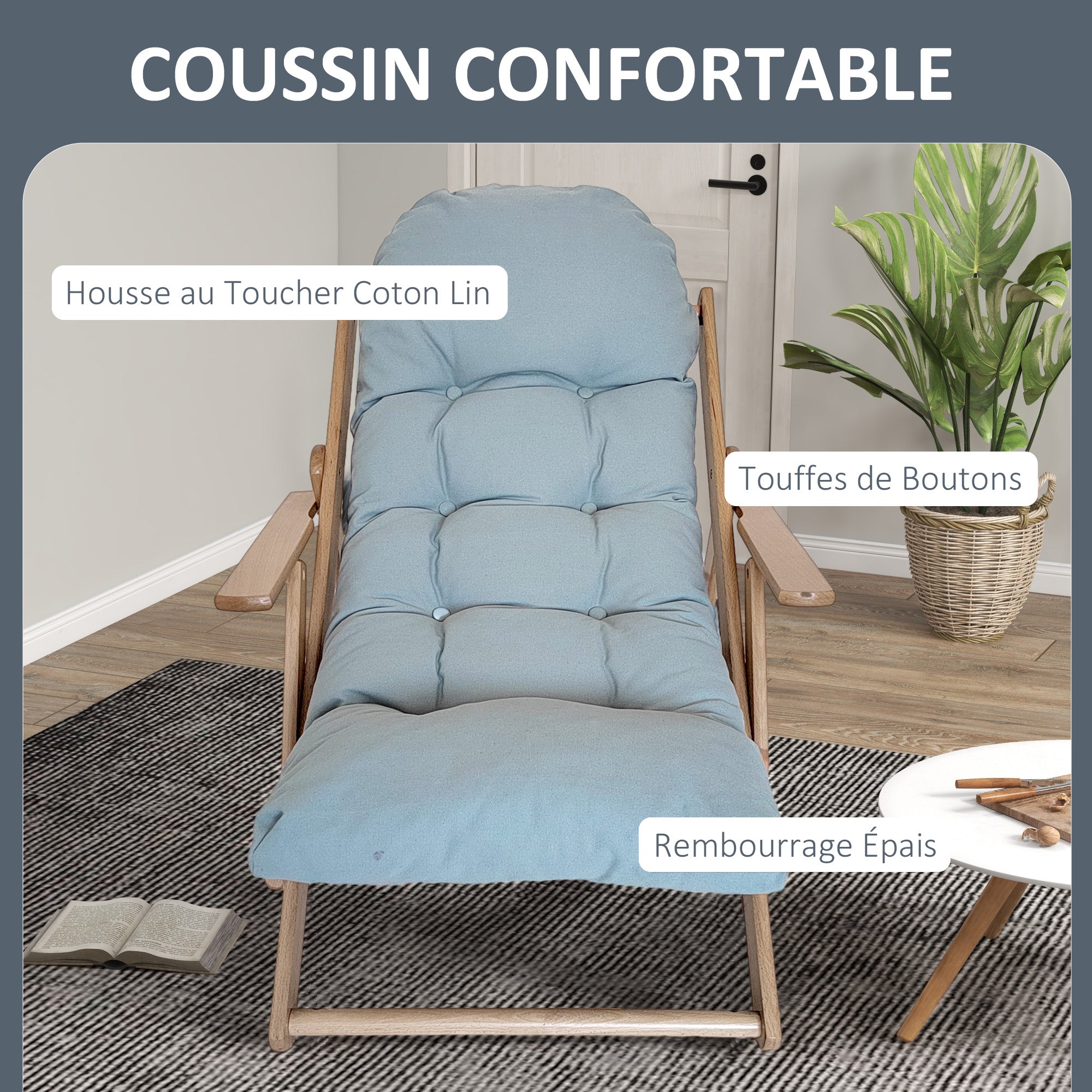 Fauteuil Chaise de Salon Pliable et inclinable en Bois Fauteuil Relax Confortable avec Coussin capitonné épais - 71 x 89 x 96 cm gris