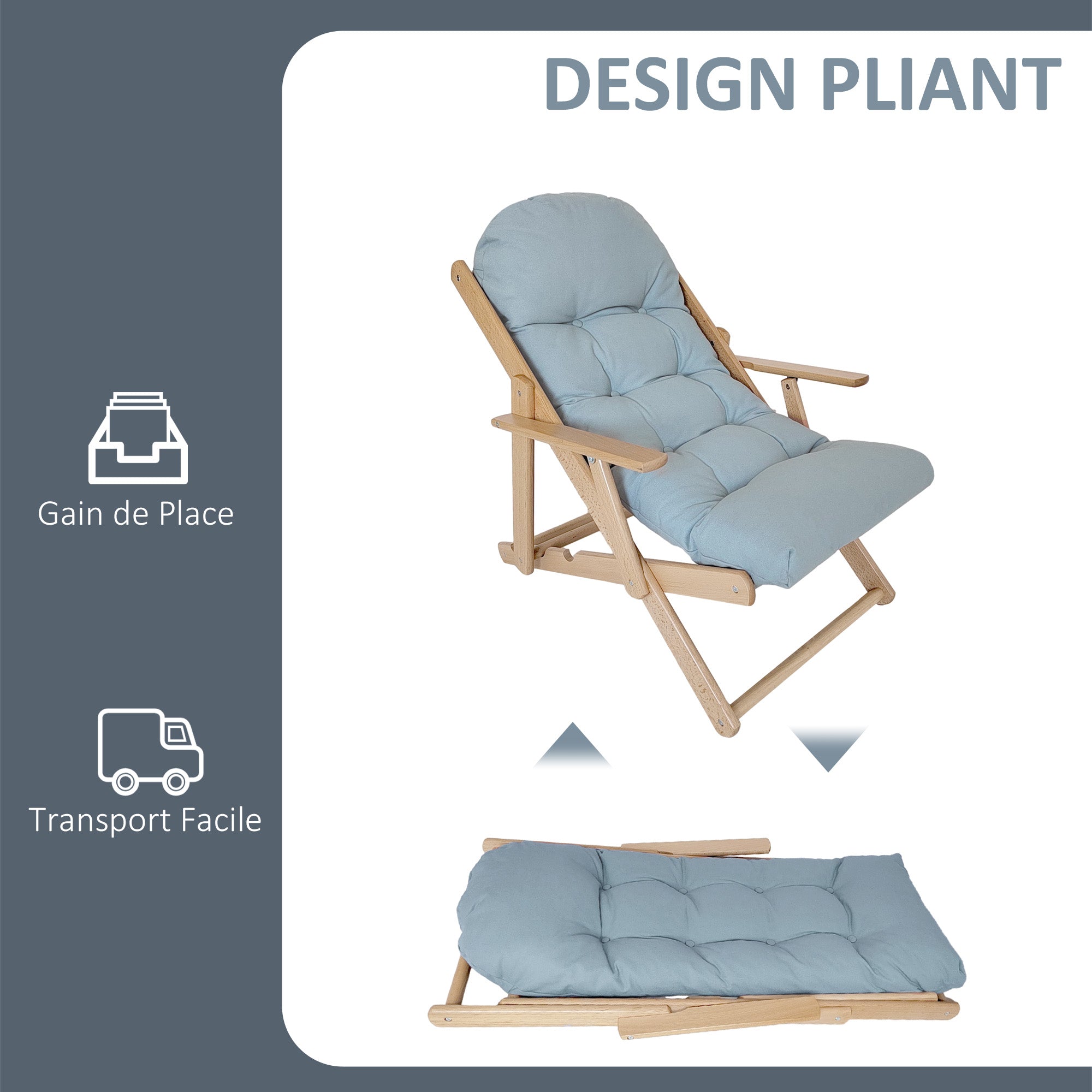 Fauteuil Chaise de Salon Pliable et inclinable en Bois Fauteuil Relax Confortable avec Coussin capitonné épais - 71 x 89 x 96 cm gris