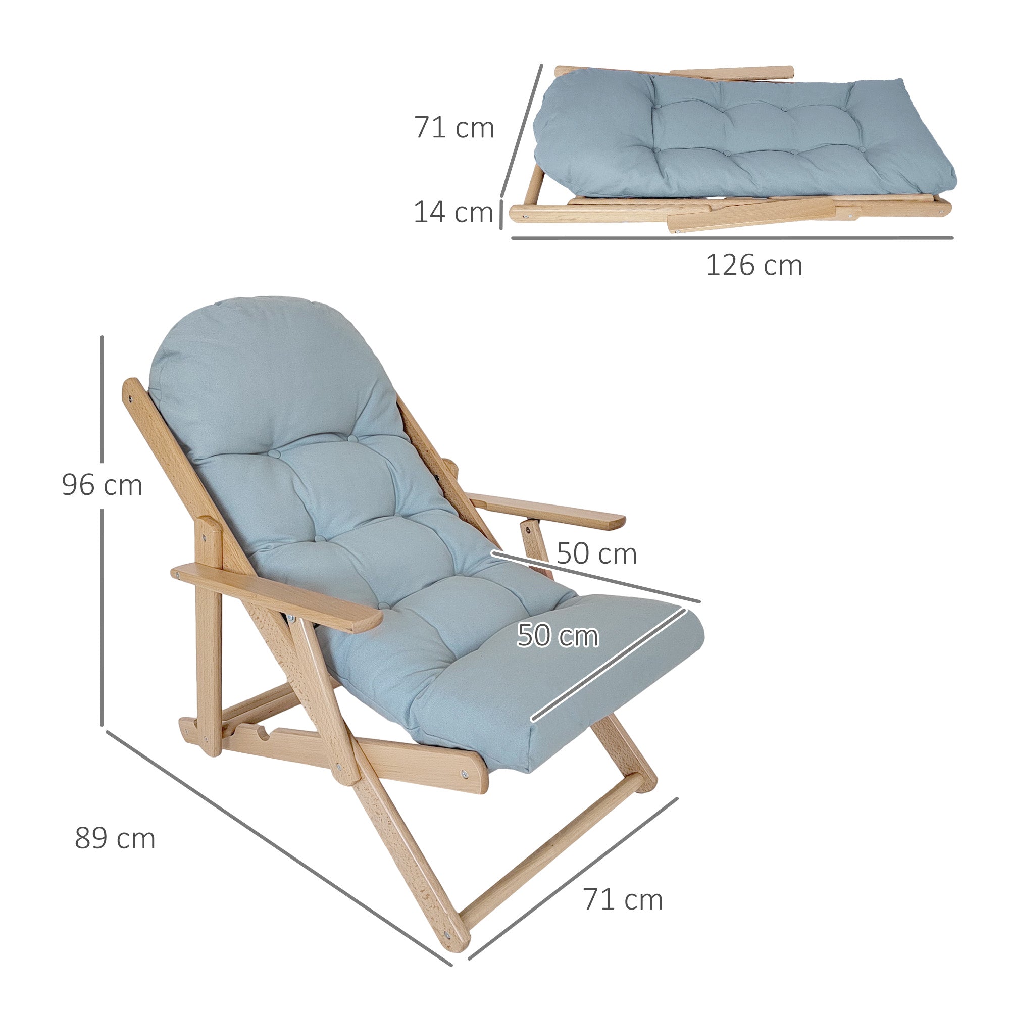 Fauteuil Chaise de Salon Pliable et inclinable en Bois Fauteuil Relax Confortable avec Coussin capitonné épais - 71 x 89 x 96 cm gris