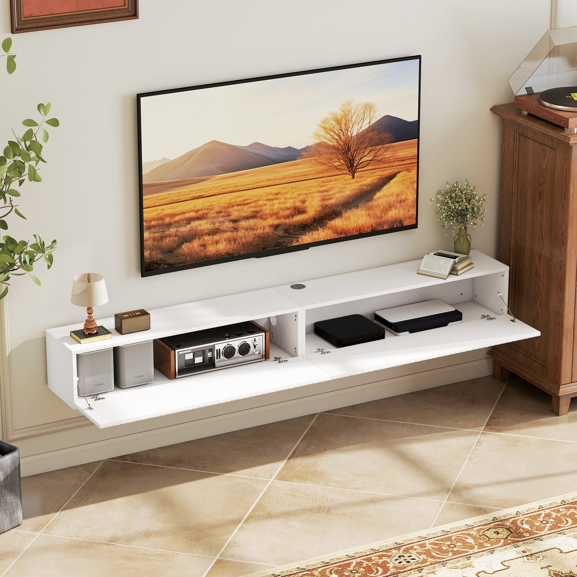 Meuble TV suspendu flottant 180 cm, meuble télé pour téléviseur jusqu'à 72 pouces avec 2 portes cannelées rabattables, banc TV mural pour salon, chambre à coucher, blanc