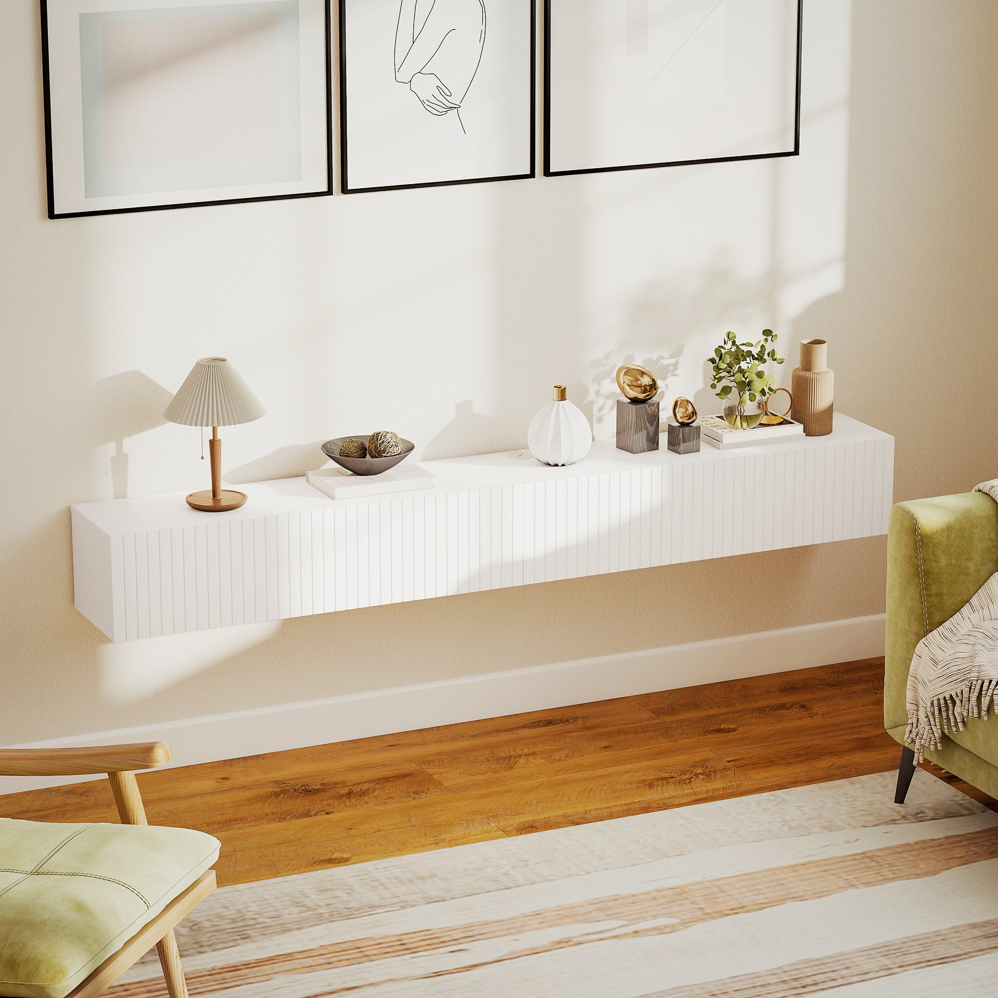 Meuble TV suspendu flottant 180 cm, meuble télé pour téléviseur jusqu'à 72 pouces avec 2 portes cannelées rabattables, banc TV mural pour salon, chambre à coucher, blanc