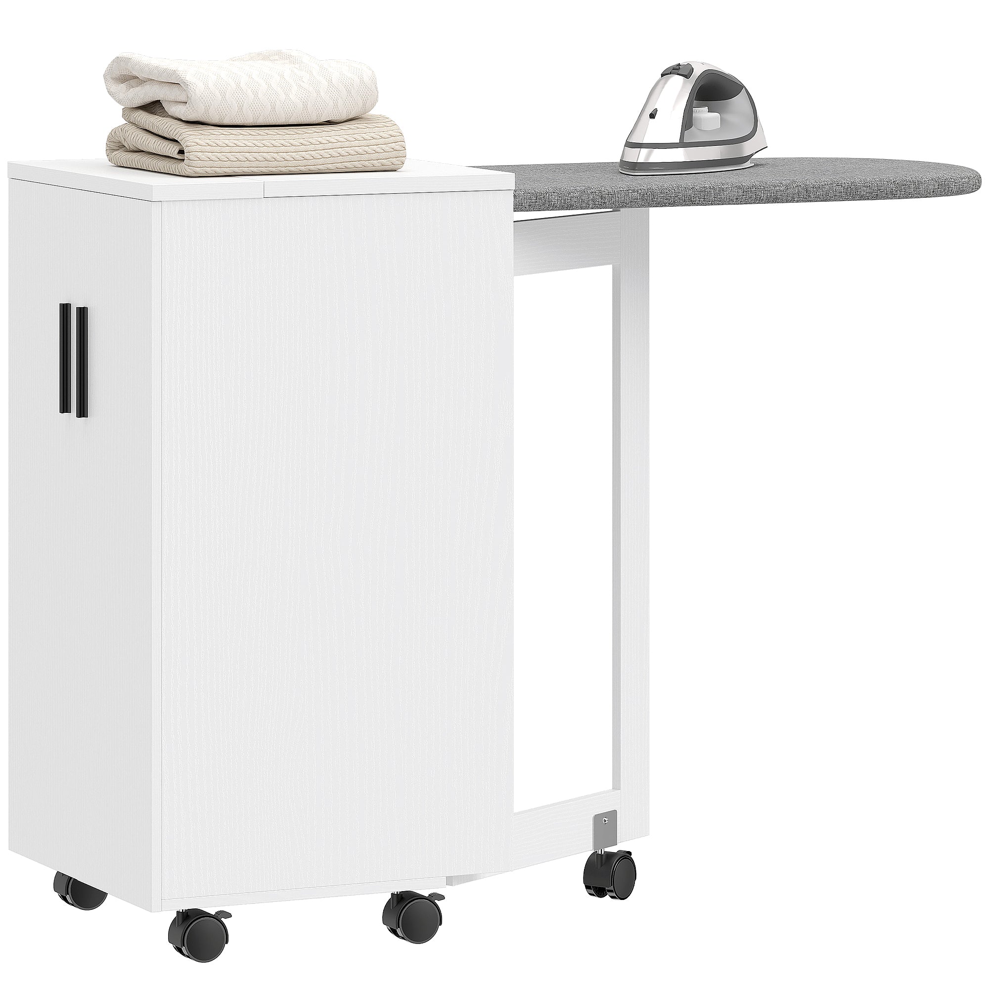 Meuble à repasser 2 en 1, table à repasser pliante sur roulettes avec étagère réglable et charnières à fermeture douce, meuble rangement pour petits espaces, buanderie, 128 x 43 x 83 cm, blanc