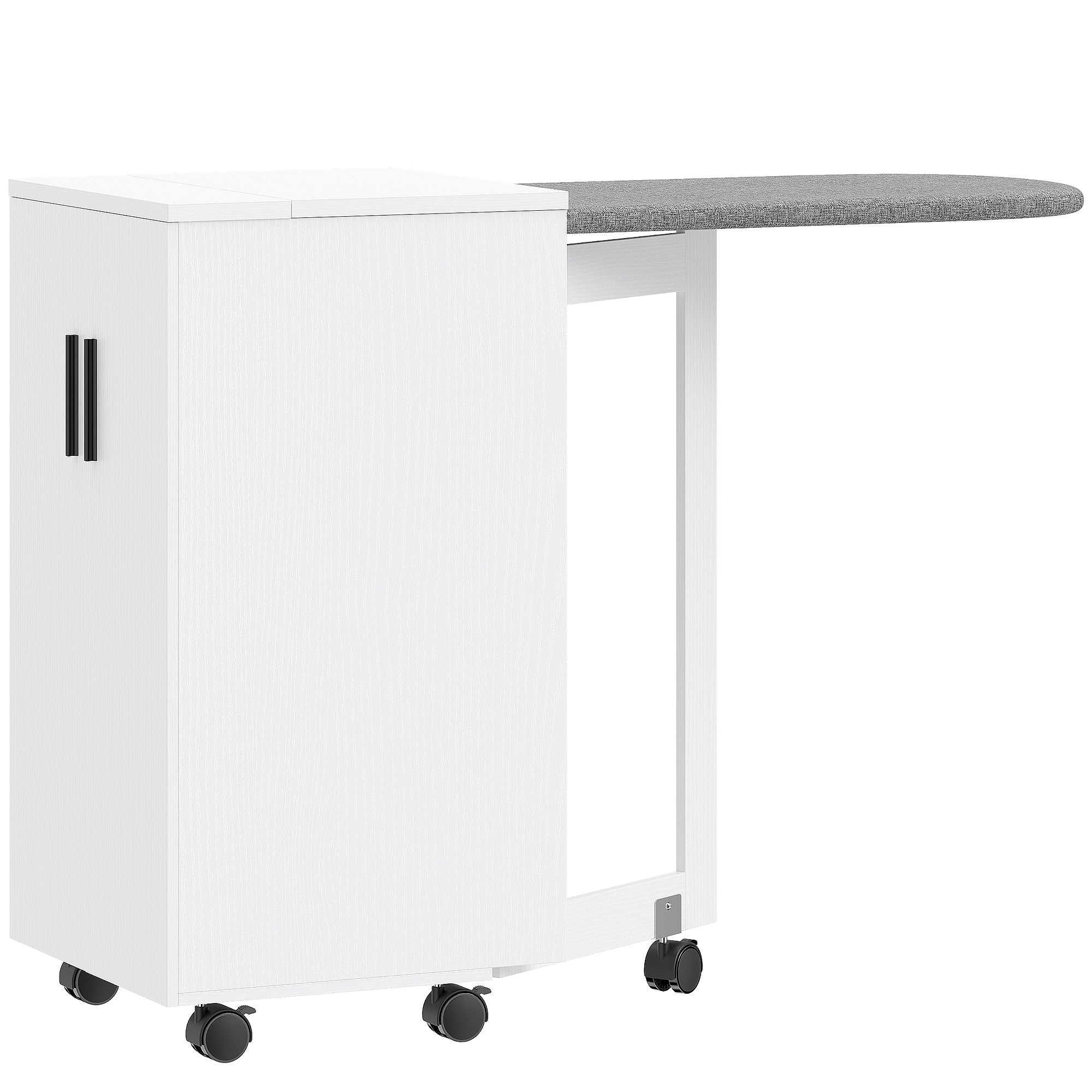 Meuble à repasser 2 en 1, table à repasser pliante sur roulettes avec étagère réglable et charnières à fermeture douce, meuble rangement pour petits espaces, buanderie, 128 x 43 x 83 cm, blanc