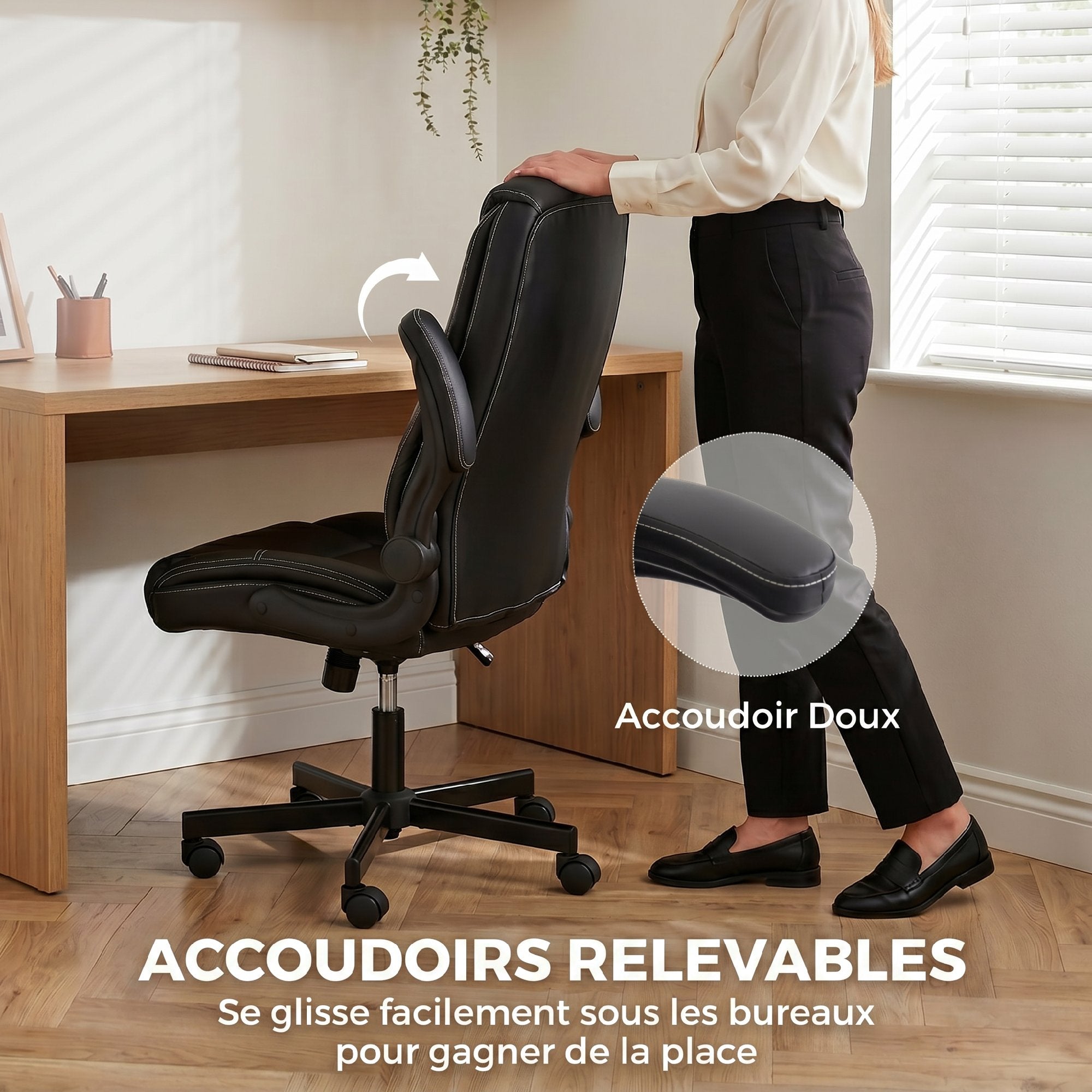 Chaise Bureau Ergonomique, Fauteuil de Bureau en PU, Accoudoirs Relevables, Dossier et Siège Zonés, Hauteur Réglable, Fonction Bascule, Travail Pivotante 360° pour Ordinateur, Noir