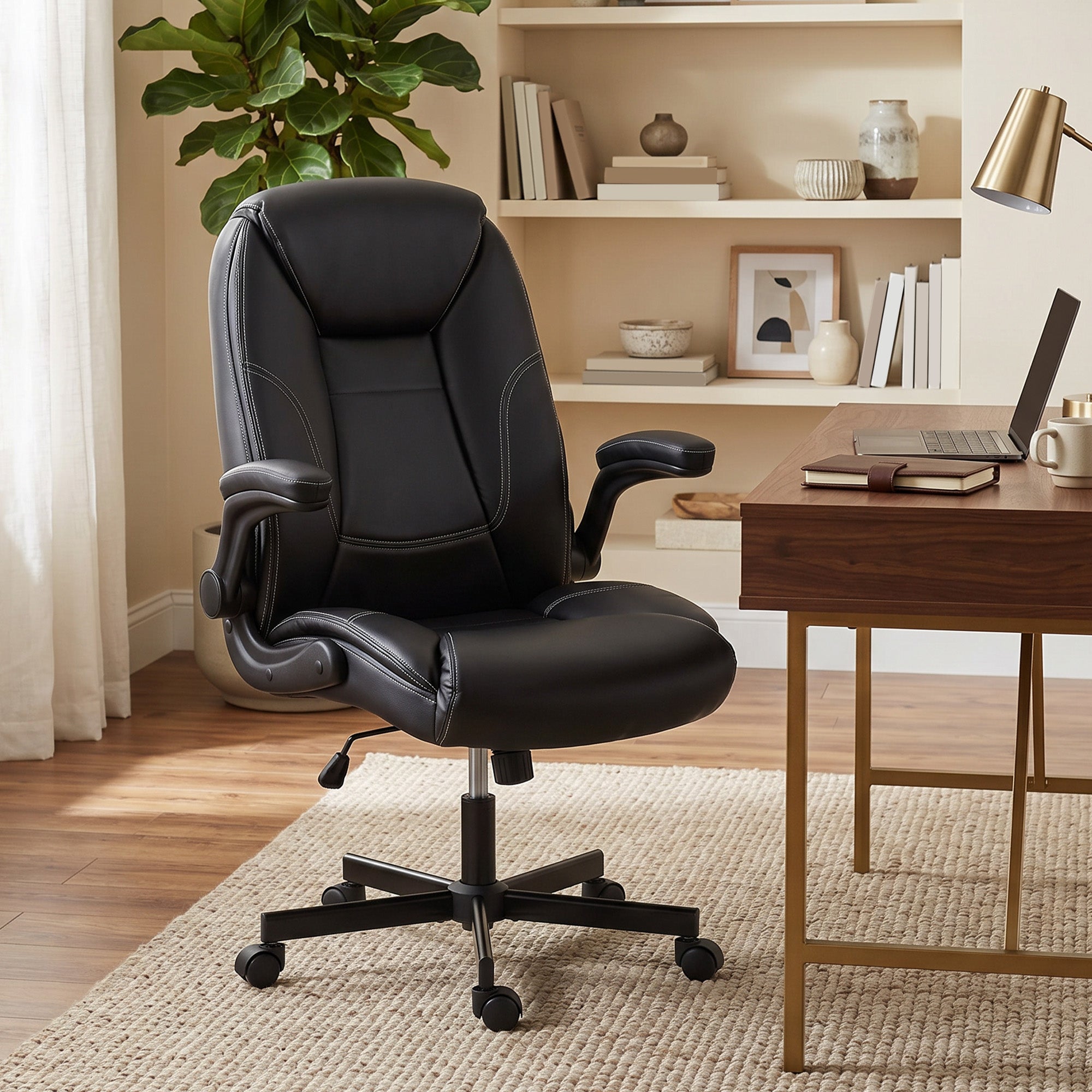 Chaise Bureau Ergonomique, Fauteuil de Bureau en PU, Accoudoirs Relevables, Dossier et Siège Zonés, Hauteur Réglable, Fonction Bascule, Travail Pivotante 360° pour Ordinateur, Noir