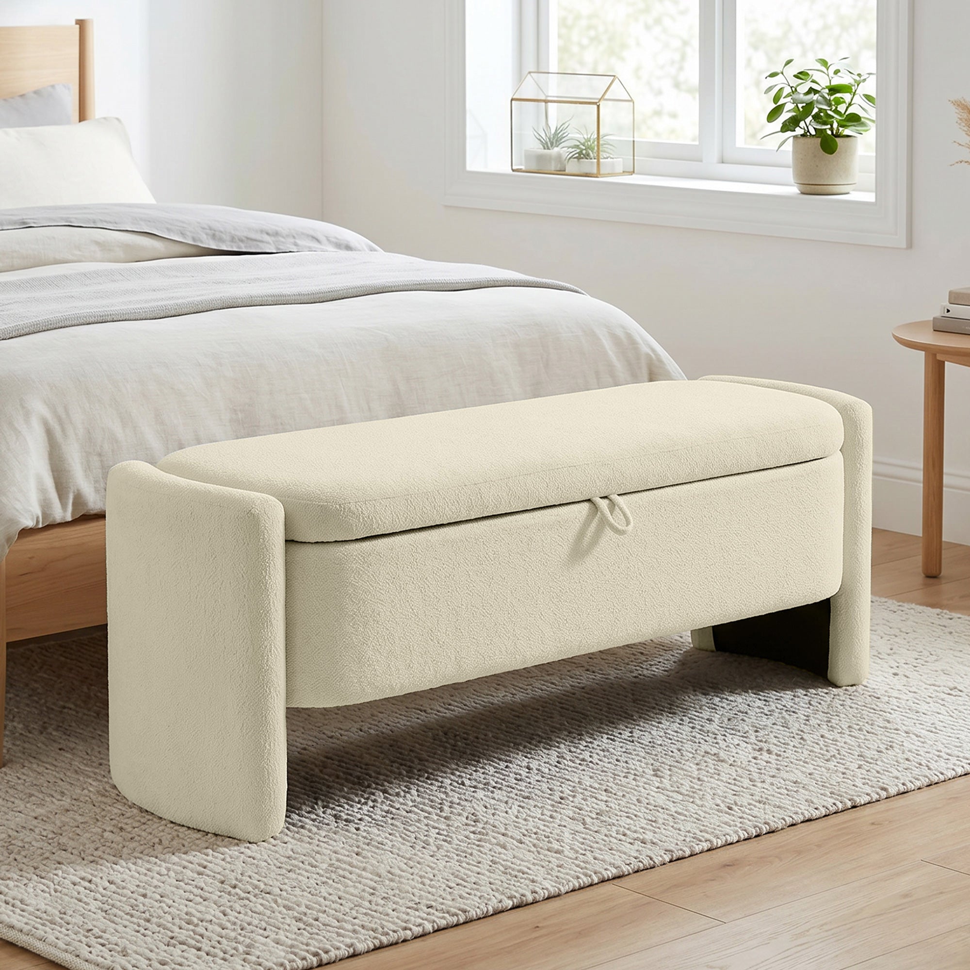 Banc Bout de Lit Banquette, 118x42x45cm, Banc de Rangement Rembourré en Tissu Bouclé, Pieds en Bois d'Eucalyptus, Charge 220 Kg, Coffre de Rangement pour Chambre à Coucher ou Entrée, Crème