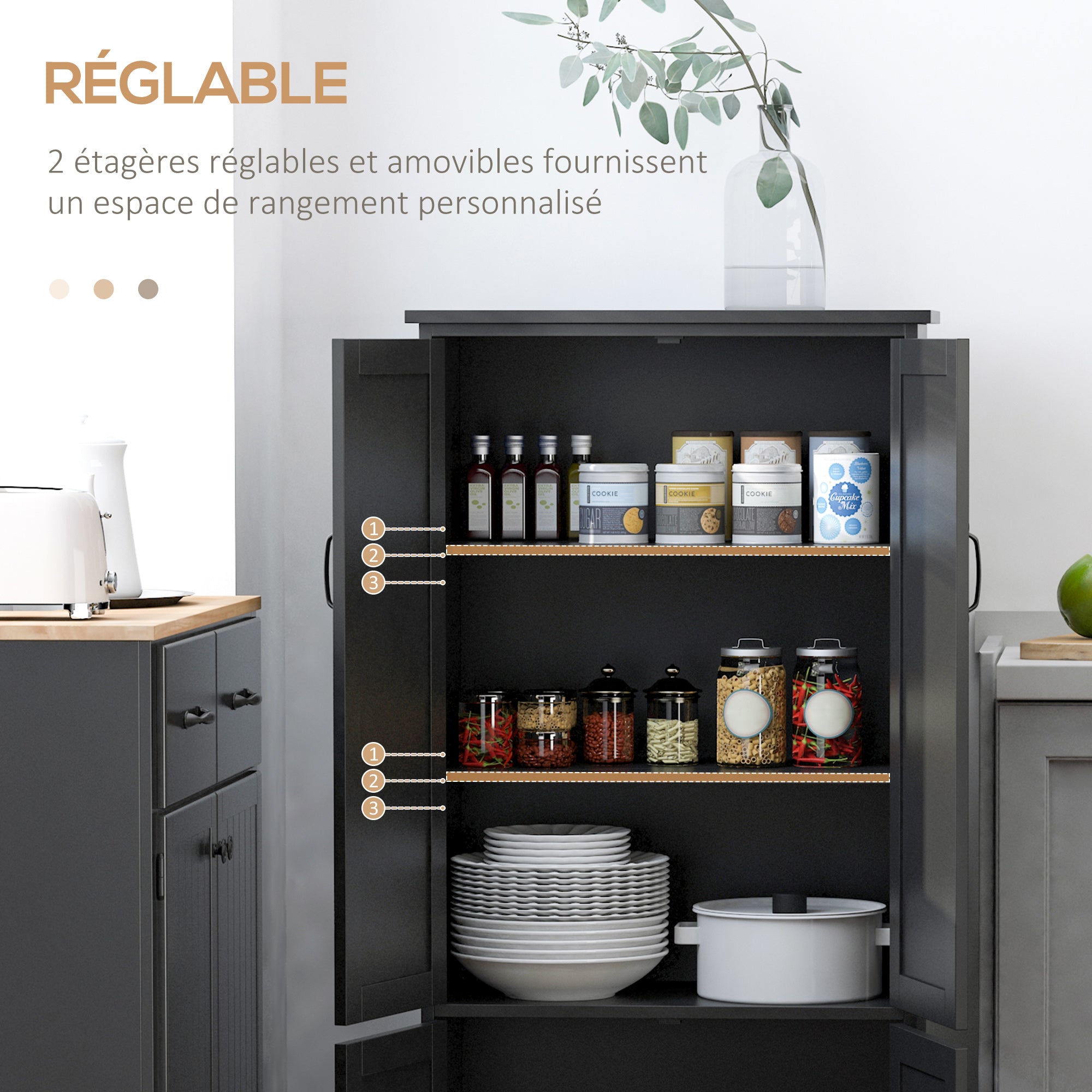 Buffet de cuisine armoire de cuisine contemporaine multi-rangements 2 placards 3 étagères MDF panneaux particules noir