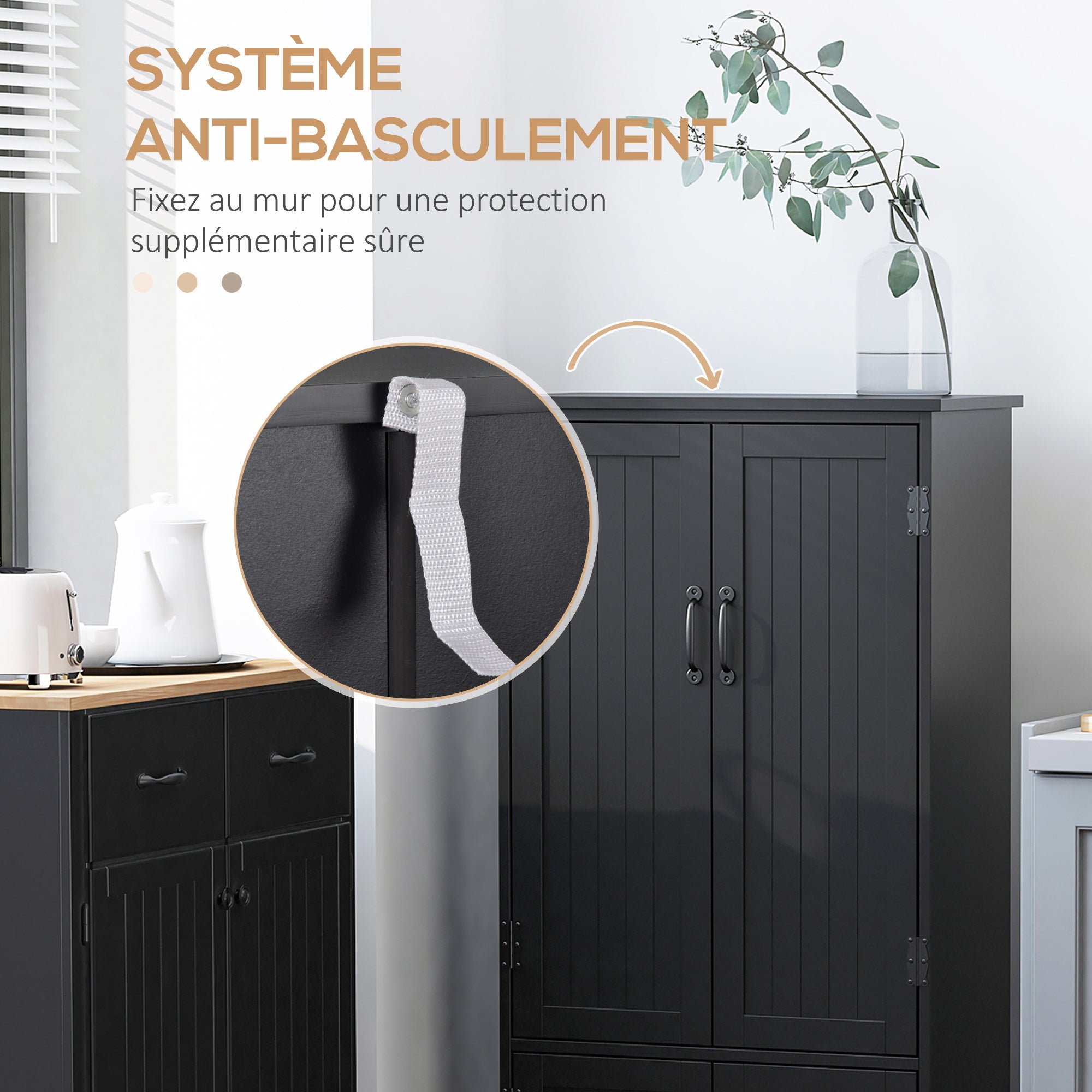 Buffet de cuisine armoire de cuisine contemporaine multi-rangements 2 placards 3 étagères MDF panneaux particules noir