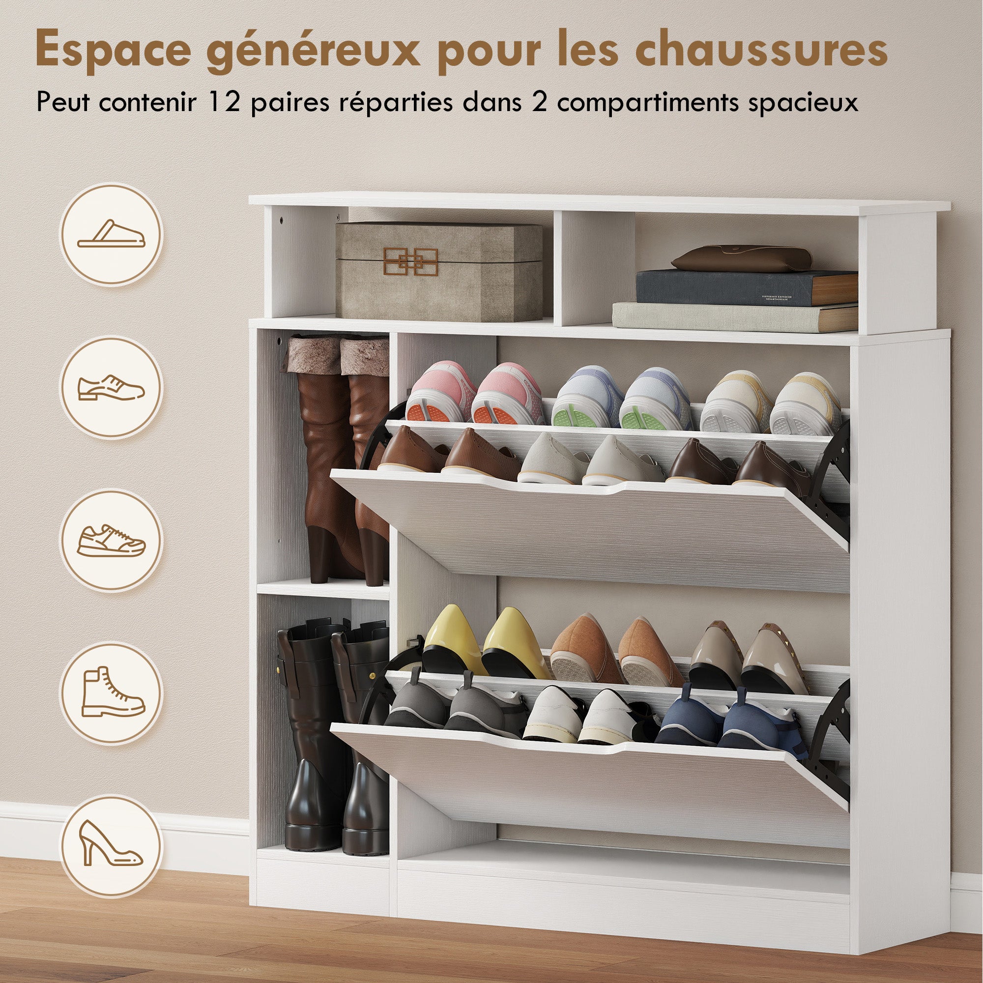 Meuble à Chaussures, Armoire à Chaussures Étroite avec 2 Tiroirs Rabattables, Compartiments Ouverts et Étagère Réglable, pour Couloir et Entrée, 89 x 25 x 92 cm, Blanc