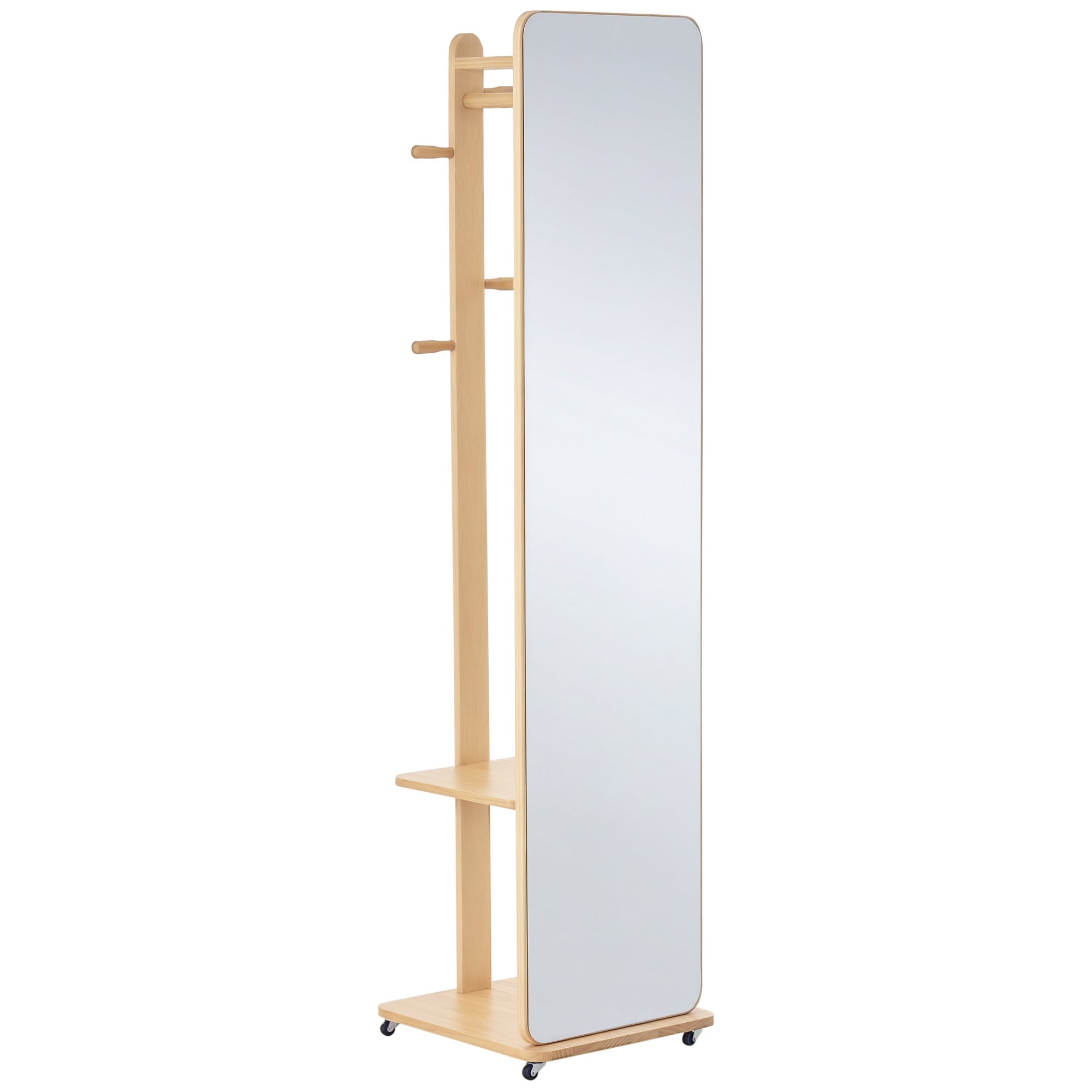 Miroir sur Pied avec roulettes - Portant, 4 patères étagère MDF Aspect Bois Clair