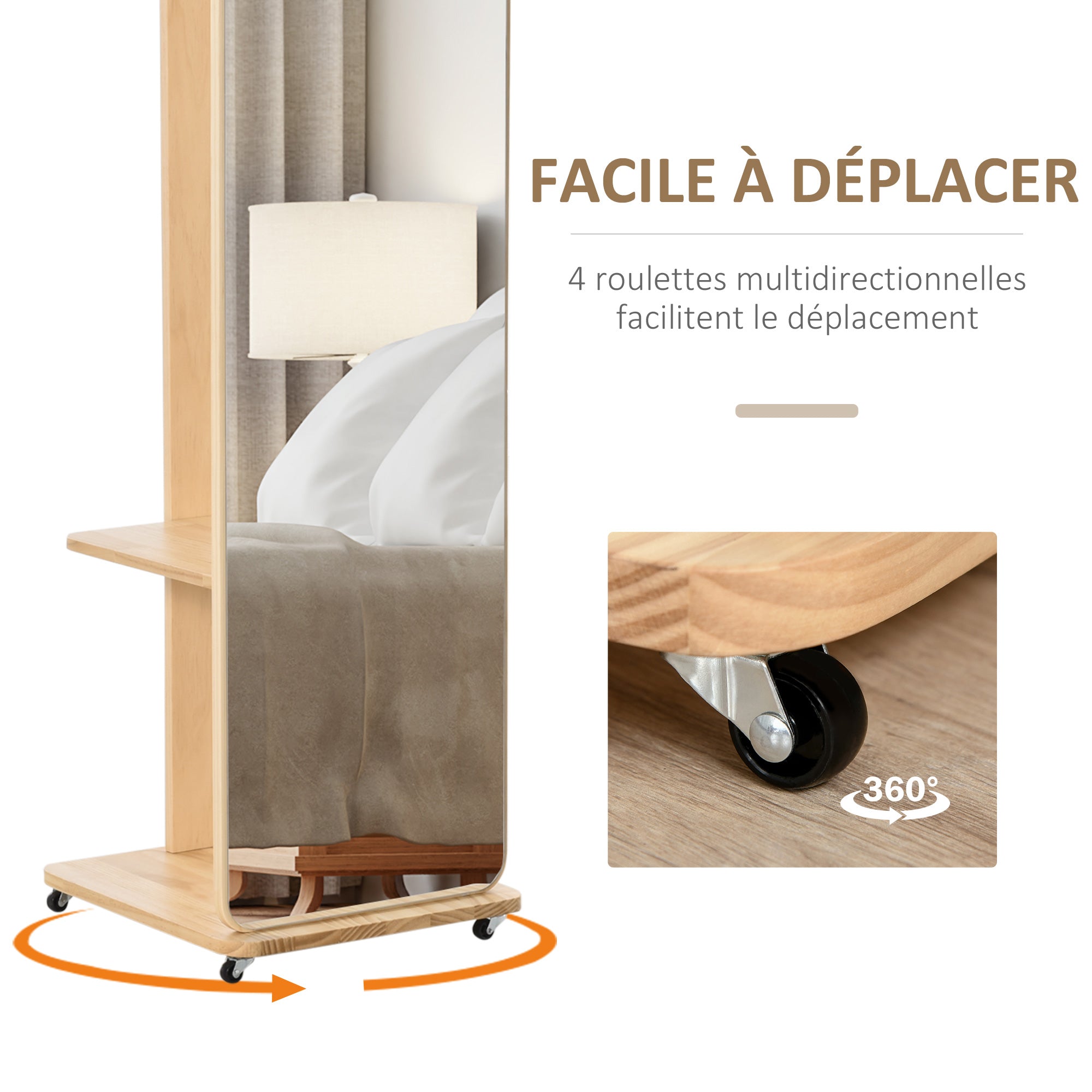 Miroir sur Pied avec roulettes - Portant, 4 patères étagère MDF Aspect Bois Clair