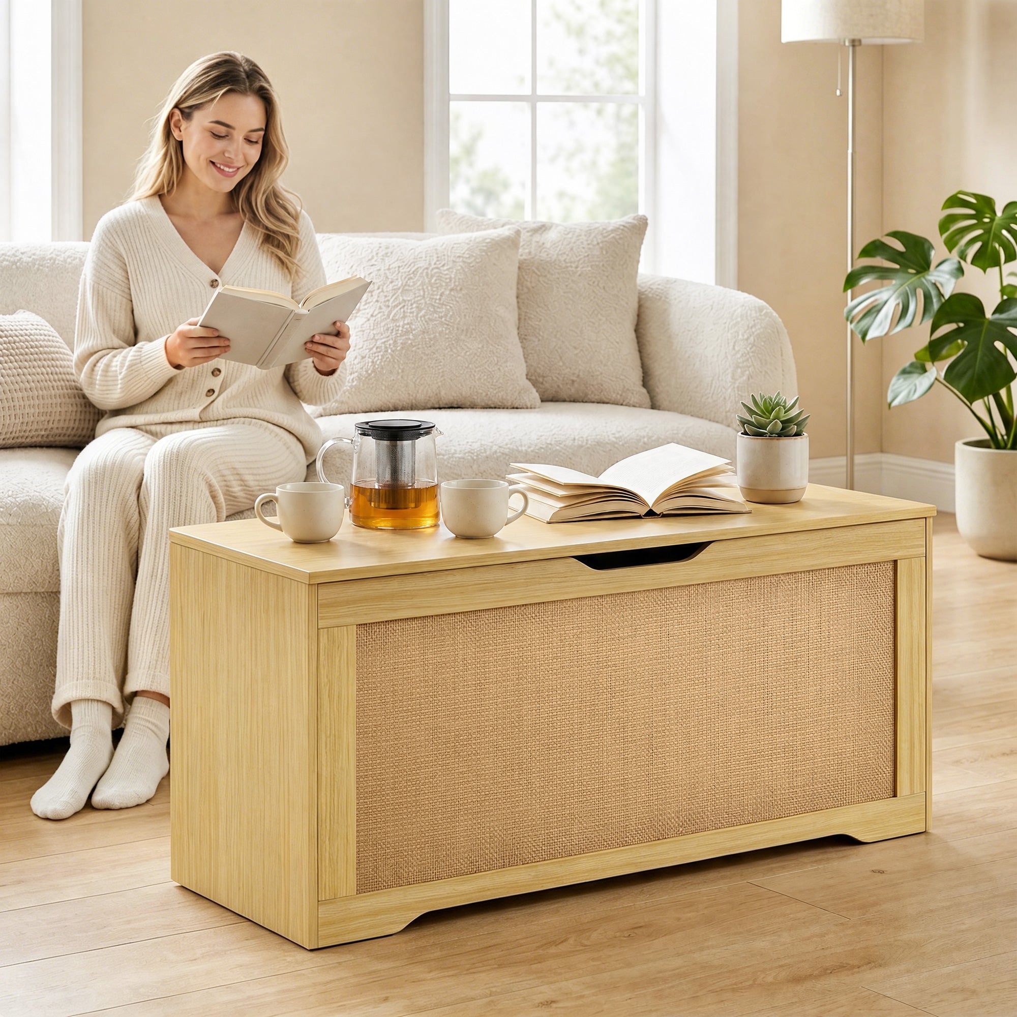 Coffre de Rangement en Rotin 136L, Banc Coffre avec Couvercle Relevable et 2 Charnières de Sécurité, Design Sans Poignée, Banc de Rangement pour Salon ou Entrée, 100 x 40 x 45 cm, Chêne