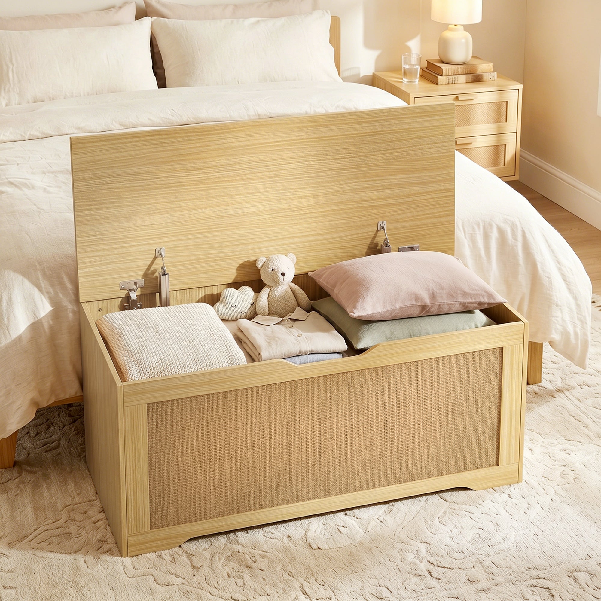 Coffre de Rangement en Rotin 136L, Banc Coffre avec Couvercle Relevable et 2 Charnières de Sécurité, Design Sans Poignée, Banc de Rangement pour Salon ou Entrée, 100 x 40 x 45 cm, Chêne