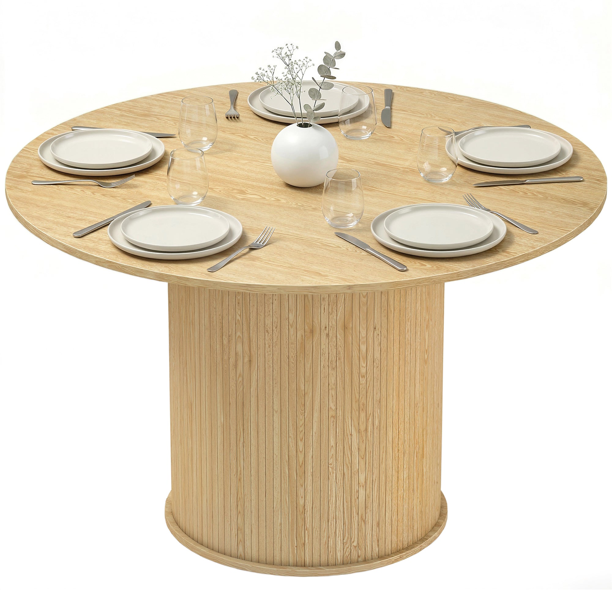 Table à manger ronde pour 5 personnes, Ø 120 x 75 cm, table de cuisine moderne avec large plateau et base cylindrique cannelée, pour salon, salle à manger, bois naturel