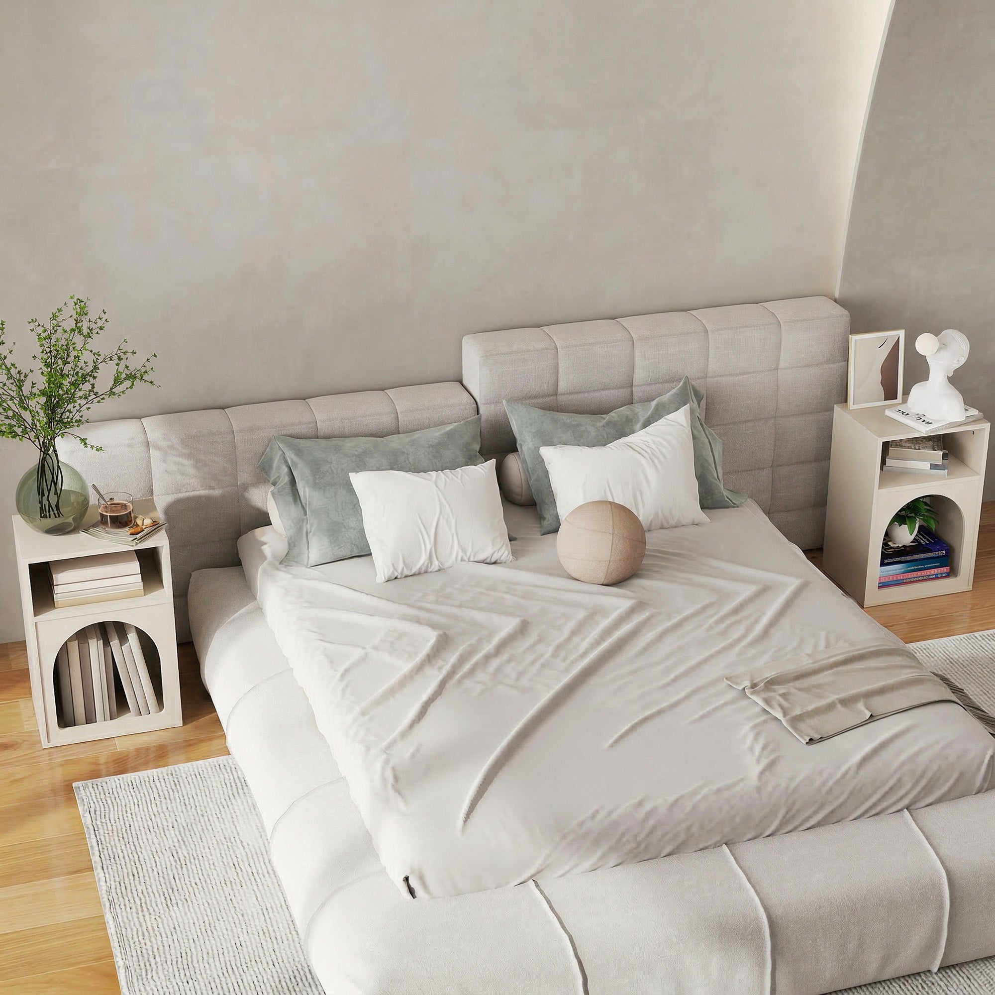Lot de 2 tables de chevet, table de nuit avec compartiments ouverts, design arqué, chevet de lit pour chambre à coucher, salon, 40 x 30 x 60 cm, crème