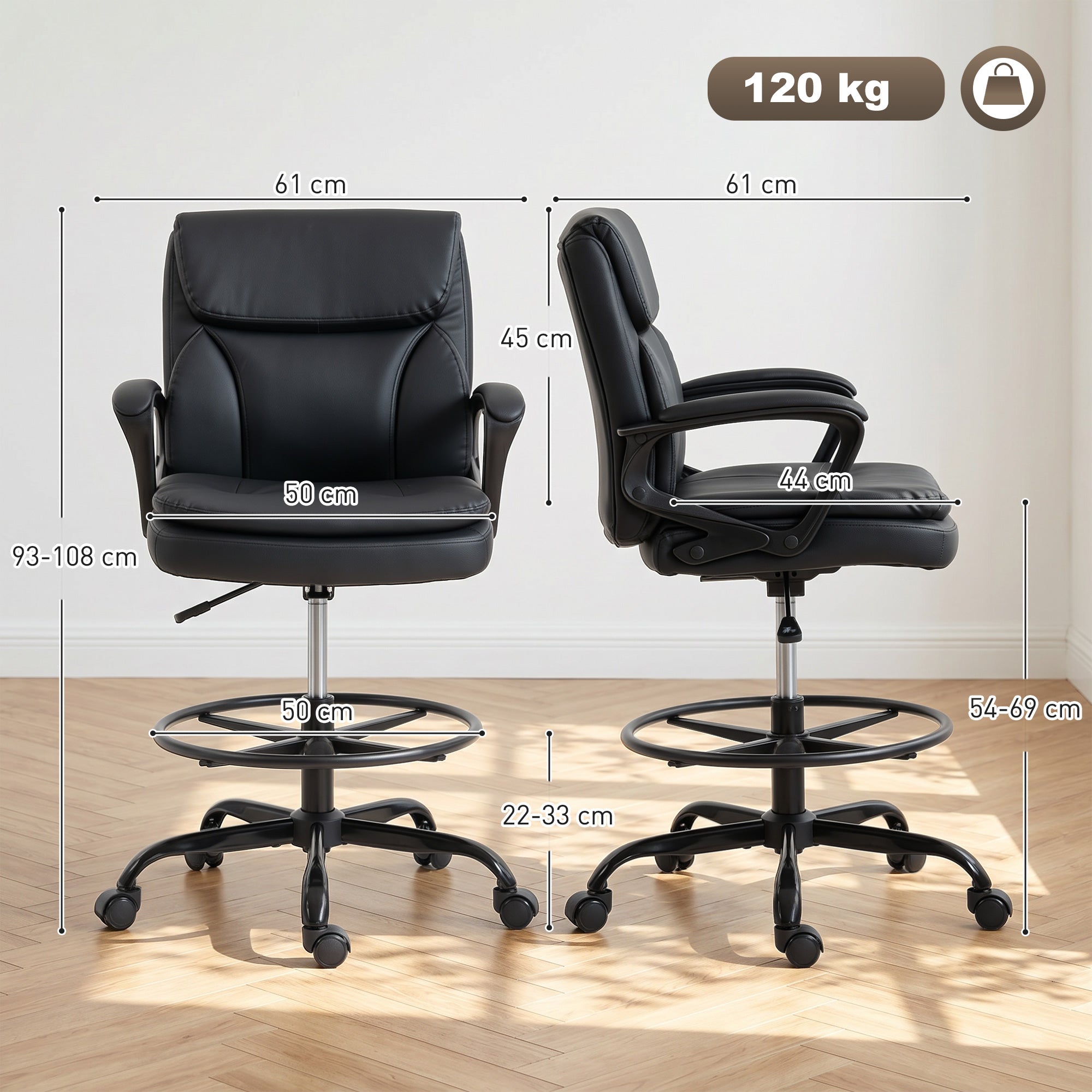 Chaise bureau ergonomique, chaise de dessin réglable en hauteur, fauteuil de bureau avec accoudoirs et repose-pieds réglable, rembourrage double, pivotant, pour studio, travail à domicile, noir