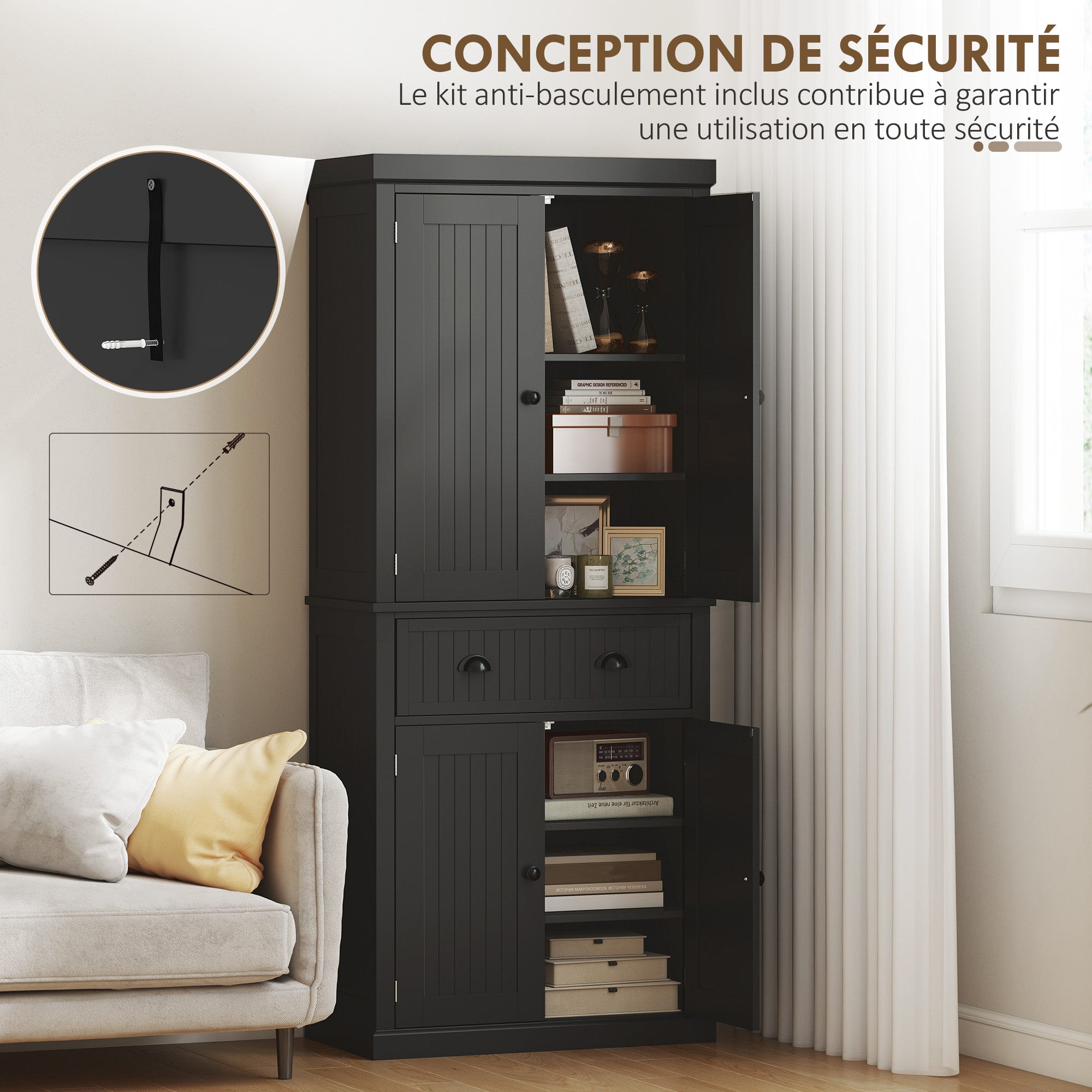 Buffet haut cuisine, armoire de cuisine, vaisselier avec 4 portes, tiroir et étagères réglables, meuble de rangement pour salon, salle à manger, 76,2 x 40,2 x 183 cm, noir