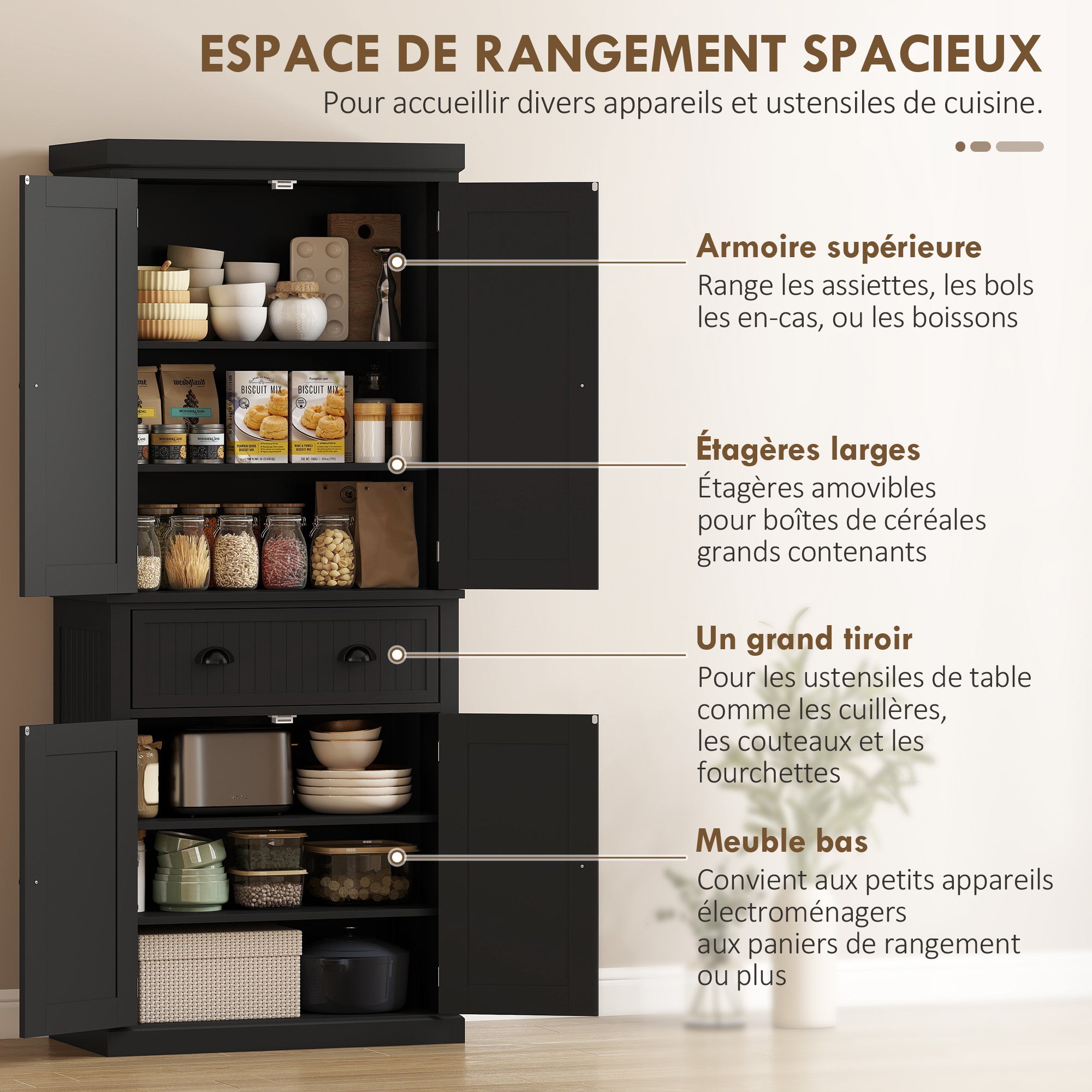 Buffet haut cuisine, armoire de cuisine, vaisselier avec 4 portes, tiroir et étagères réglables, meuble de rangement pour salon, salle à manger, 76,2 x 40,2 x 183 cm, noir