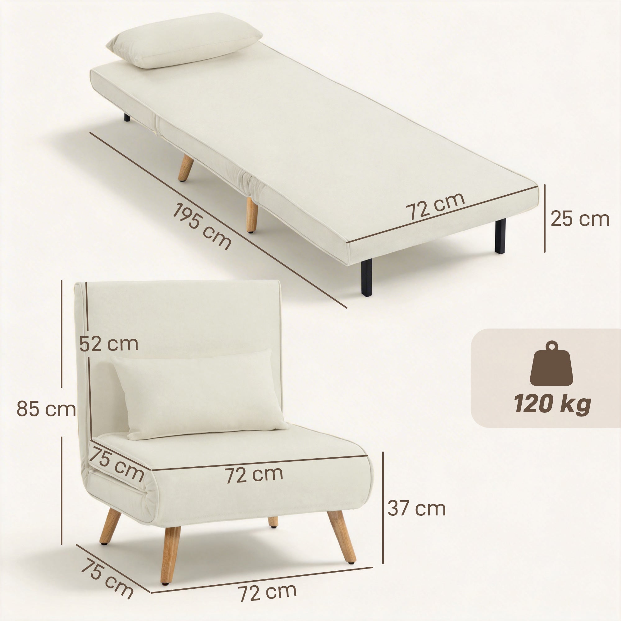 3 en 1 fauteuil convertible 1 place, fauteuil lit et chauffeuse - dossier inclinable 5 niveaux et oreiller inclus, siège rembourré - pour bureau, salon, chambre à coucher, crème