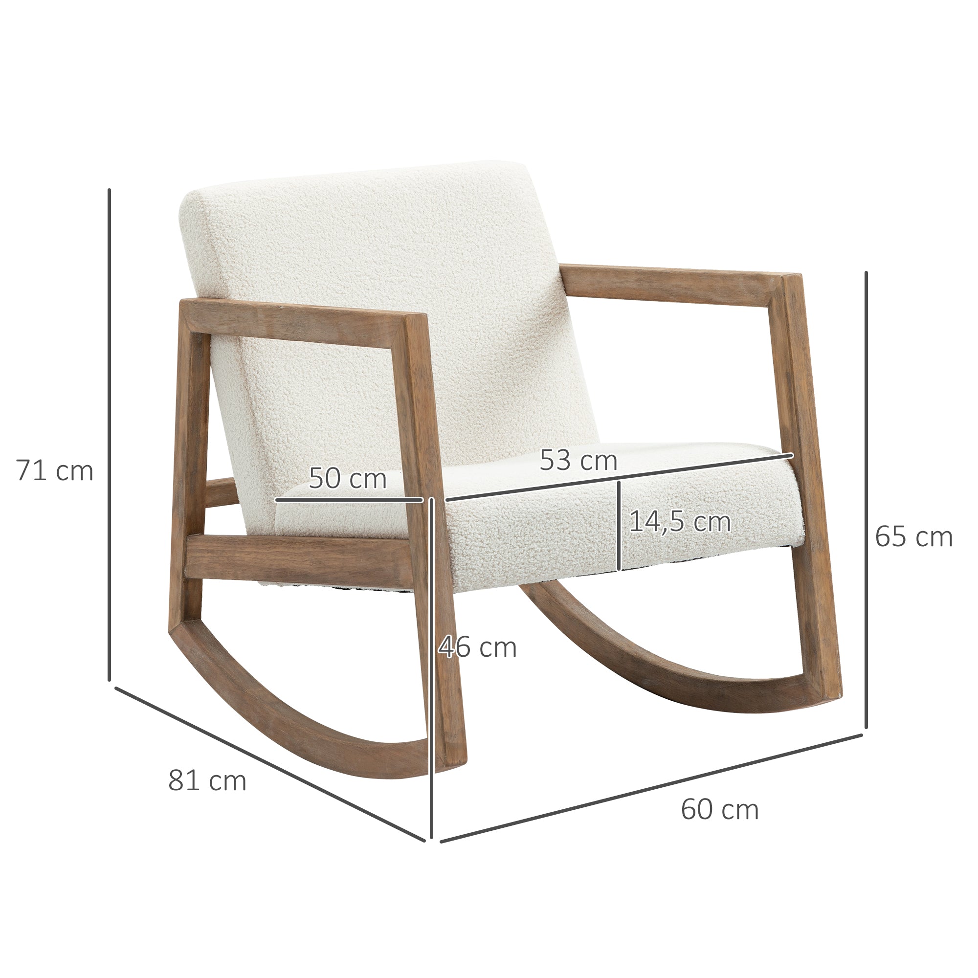 Fauteuil à bascule fauteuil allaitement rocking chair en tissu effet laine bouclée avec pieds en bois massif d'hévéa, chaise à bascule pour chambre, salon - 60 x 81 x 71 cm blanc crème