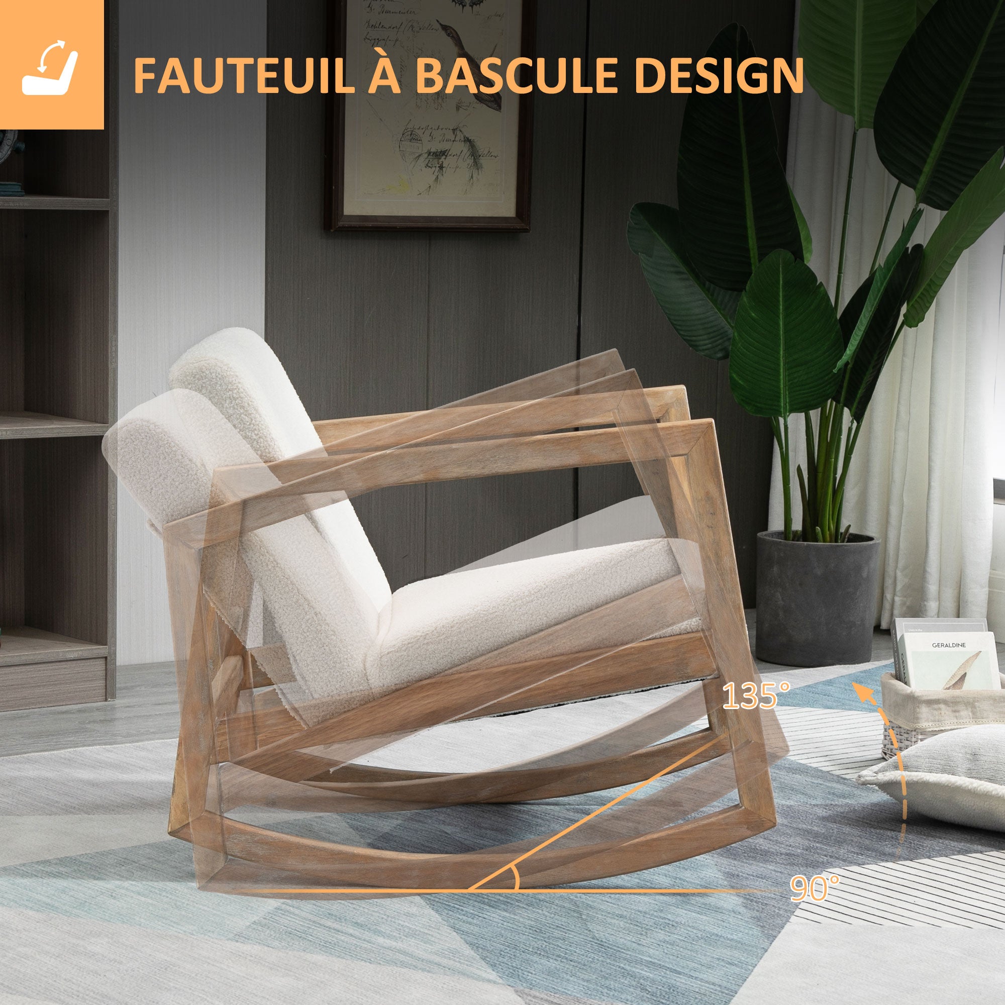 Fauteuil à bascule fauteuil allaitement rocking chair en tissu effet laine bouclée avec pieds en bois massif d'hévéa, chaise à bascule pour chambre, salon - 60 x 81 x 71 cm blanc crème