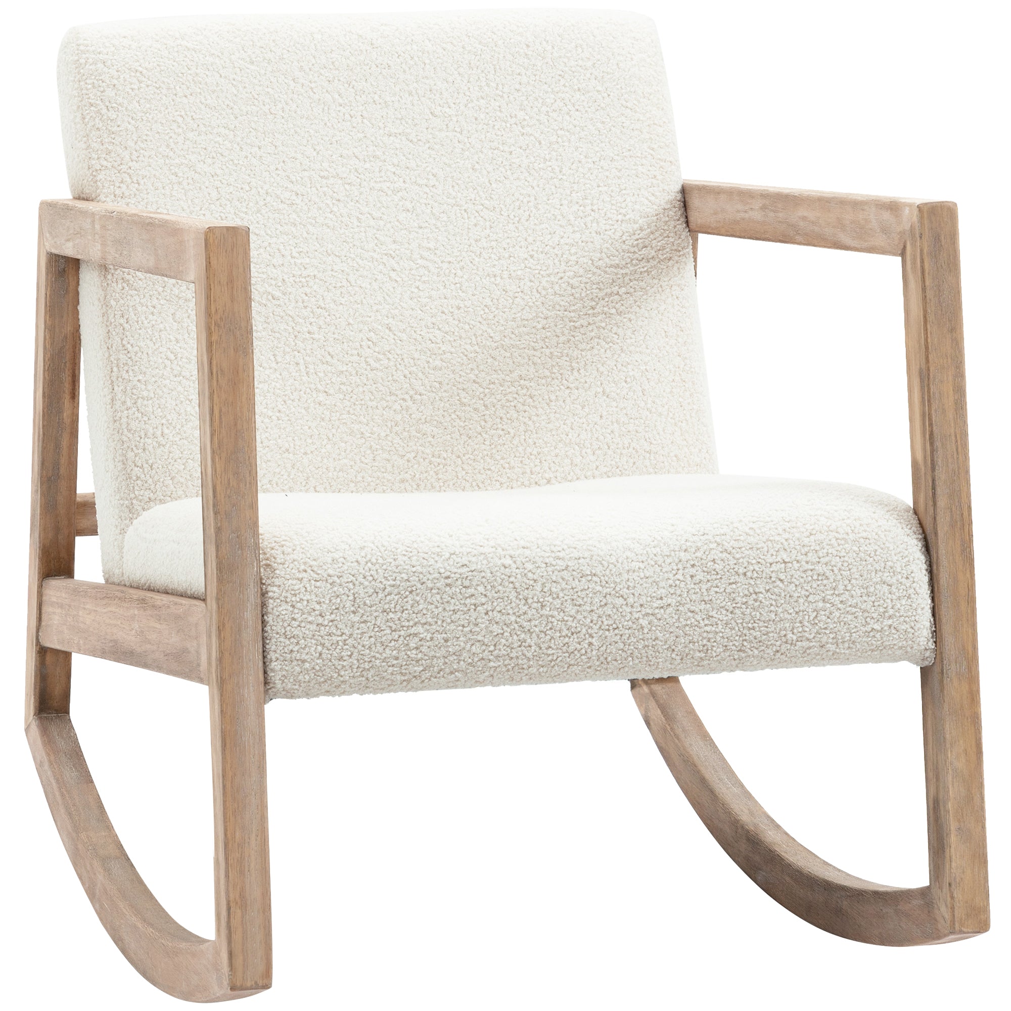 Fauteuil à bascule fauteuil allaitement rocking chair en tissu effet laine bouclée avec pieds en bois massif d'hévéa, chaise à bascule pour chambre, salon - 60 x 81 x 71 cm blanc crème