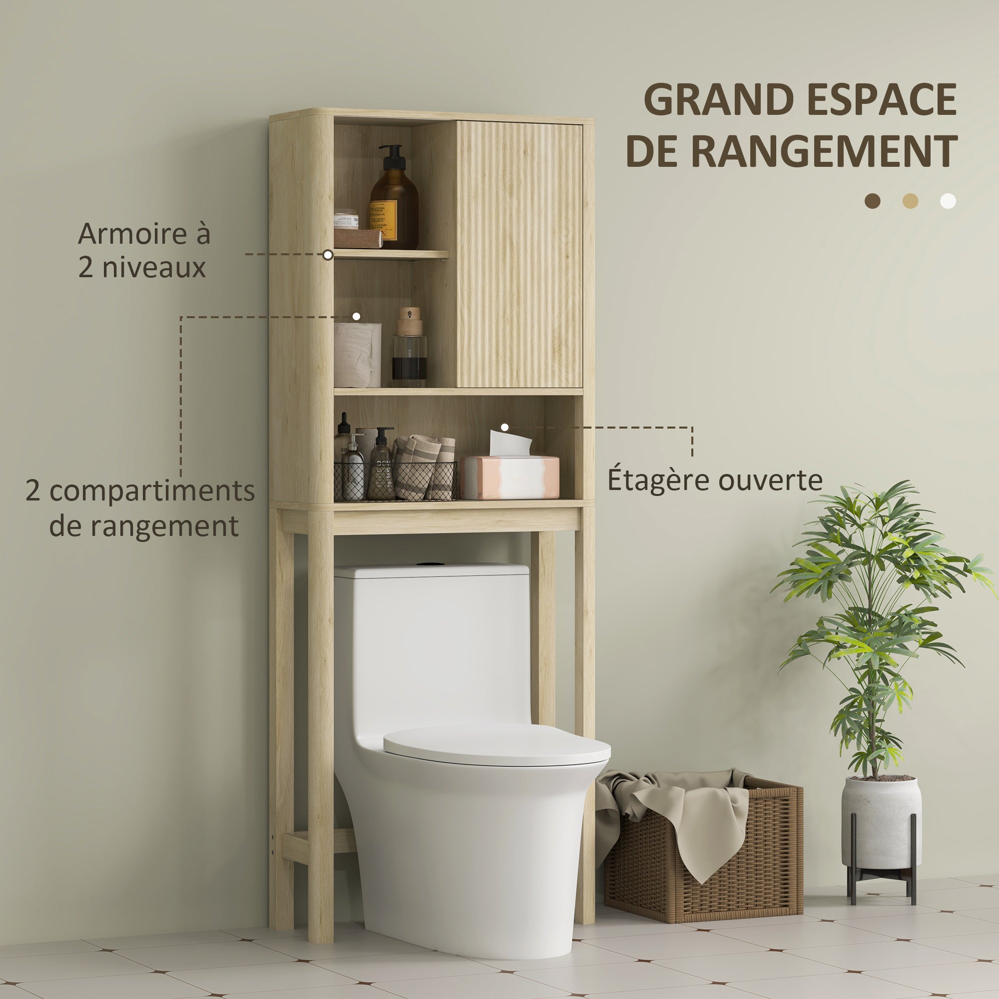 Meuble WC dessus de toilette meuble toilettes WC rangement armoire de rangement de salle de bain avec porte coulissante, compartiments et étagère réglable, 65 x 25 x 170 cm, bois naturel