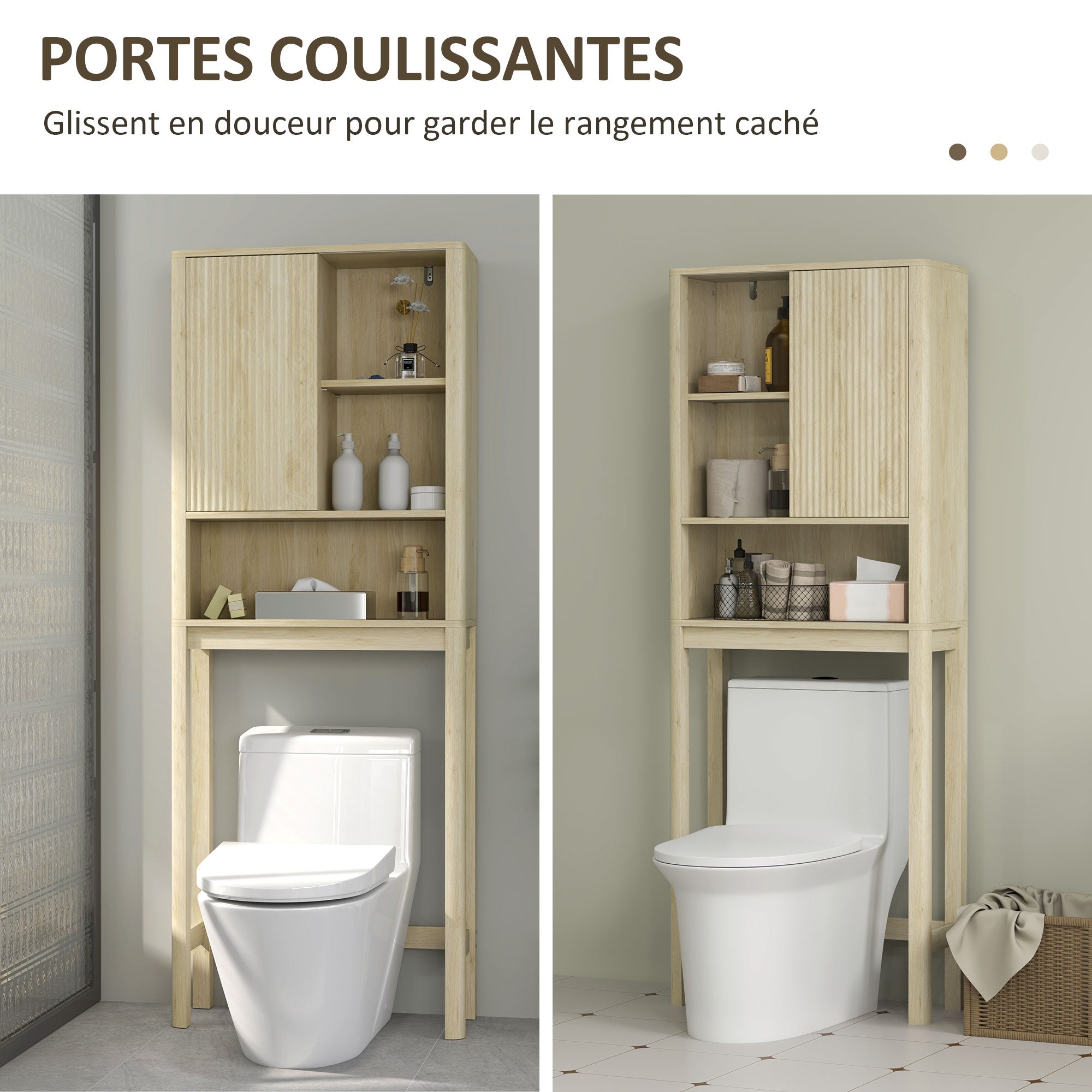 Meuble WC dessus de toilette meuble toilettes WC rangement armoire de rangement de salle de bain avec porte coulissante, compartiments et étagère réglable, 65 x 25 x 170 cm, bois naturel