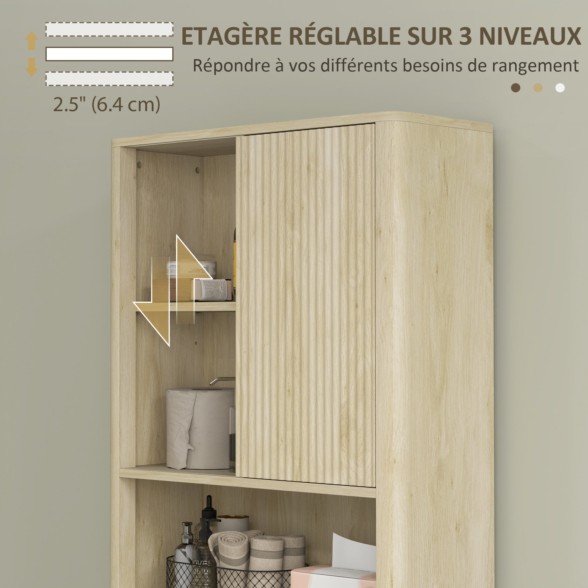 Meuble WC dessus de toilette meuble toilettes WC rangement armoire de rangement de salle de bain avec porte coulissante, compartiments et étagère réglable, 65 x 25 x 170 cm, bois naturel