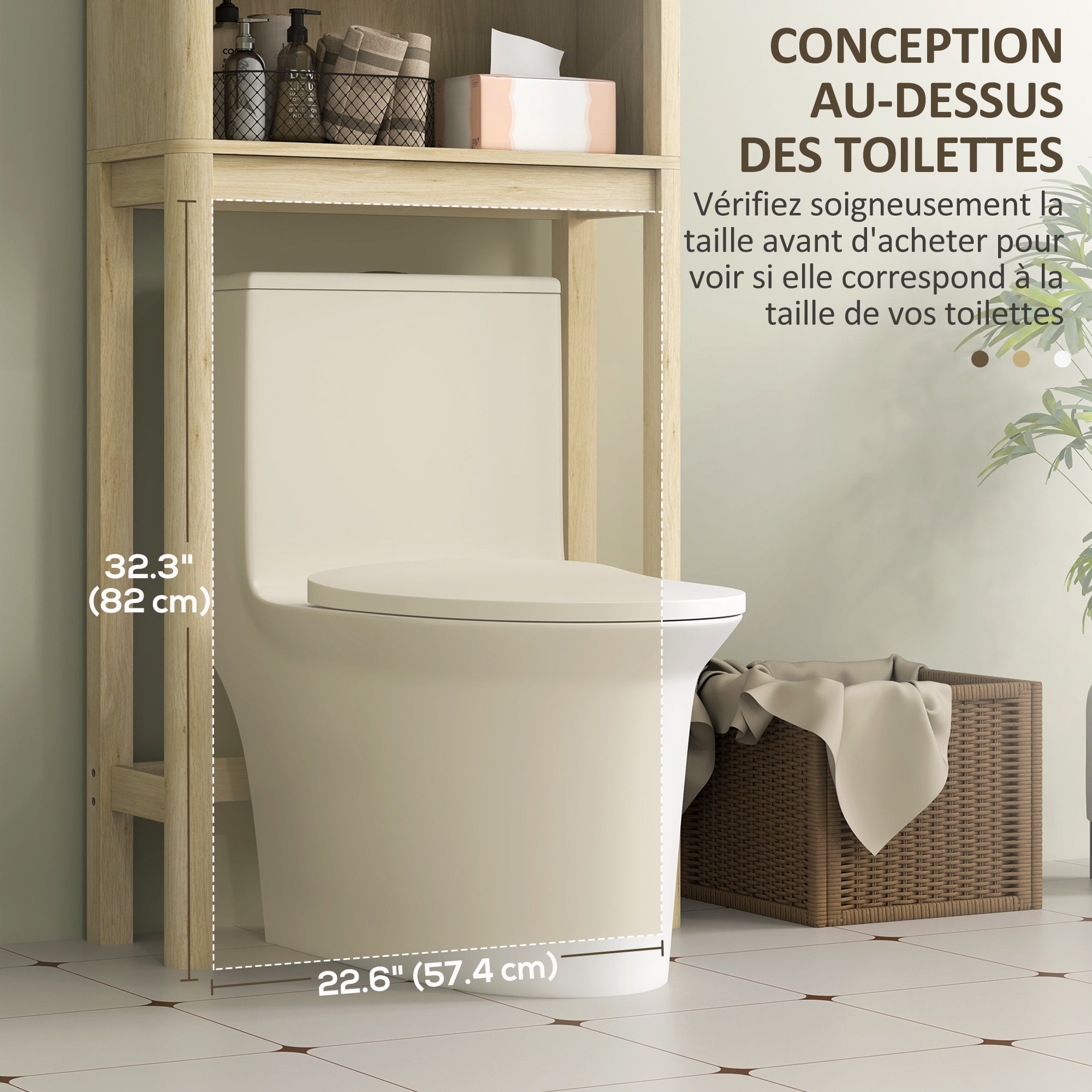 Meuble WC dessus de toilette meuble toilettes WC rangement armoire de rangement de salle de bain avec porte coulissante, compartiments et étagère réglable, 65 x 25 x 170 cm, bois naturel