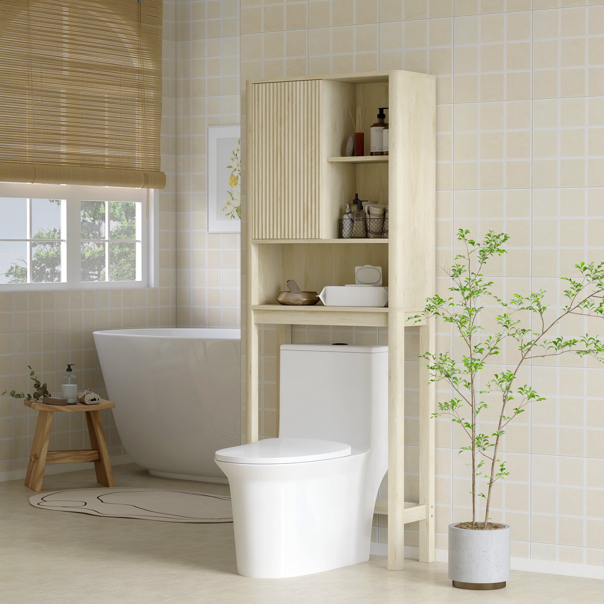 Meuble WC dessus de toilette meuble toilettes WC rangement armoire de rangement de salle de bain avec porte coulissante, compartiments et étagère réglable, 65 x 25 x 170 cm, bois naturel
