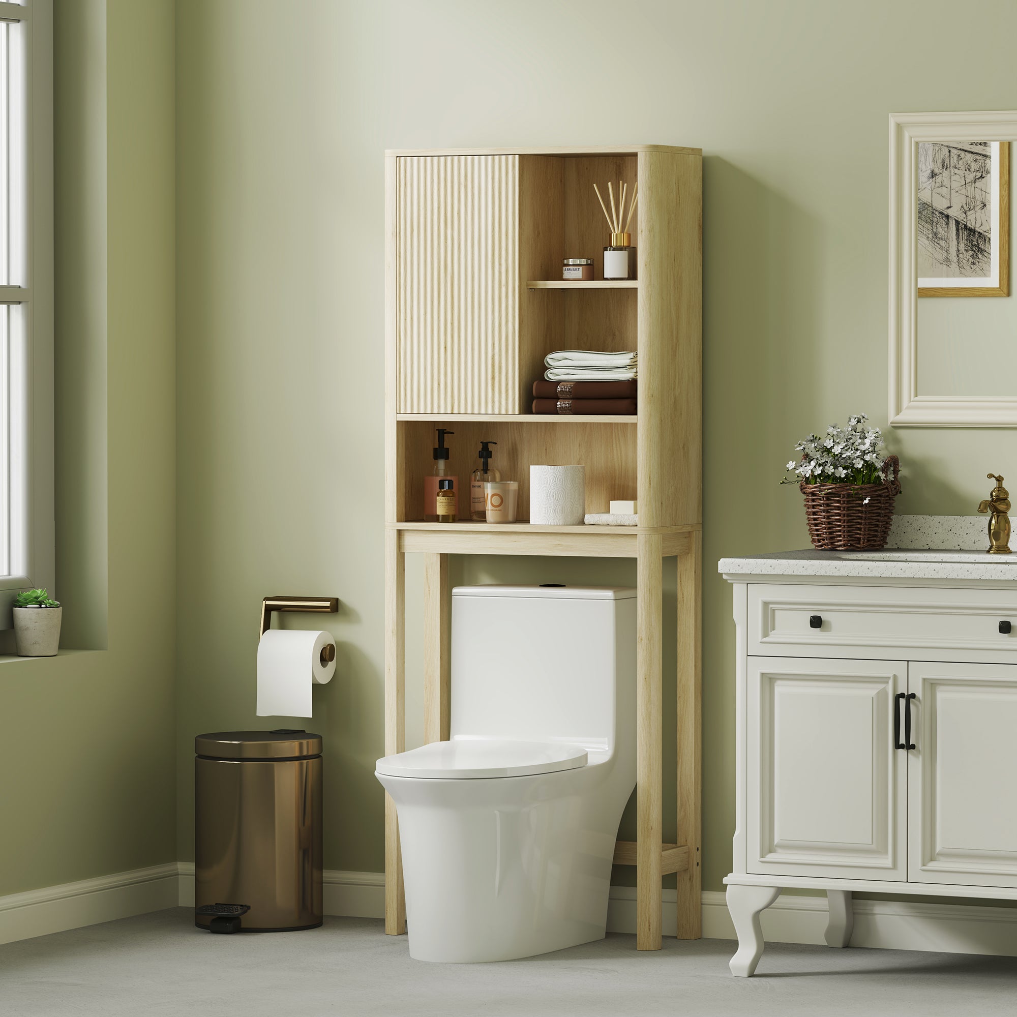 Meuble WC dessus de toilette meuble toilettes WC rangement armoire de rangement de salle de bain avec porte coulissante, compartiments et étagère réglable, 65 x 25 x 170 cm, bois naturel