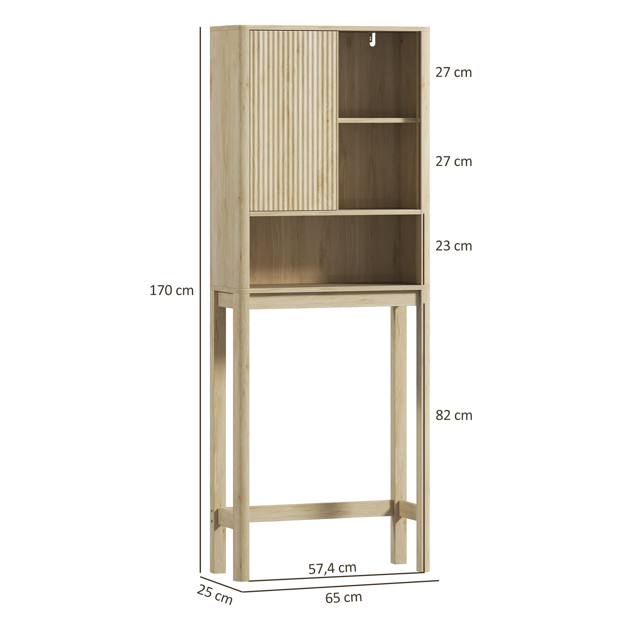 Meuble WC dessus de toilette meuble toilettes WC rangement armoire de rangement de salle de bain avec porte coulissante, compartiments et étagère réglable, 65 x 25 x 170 cm, bois naturel