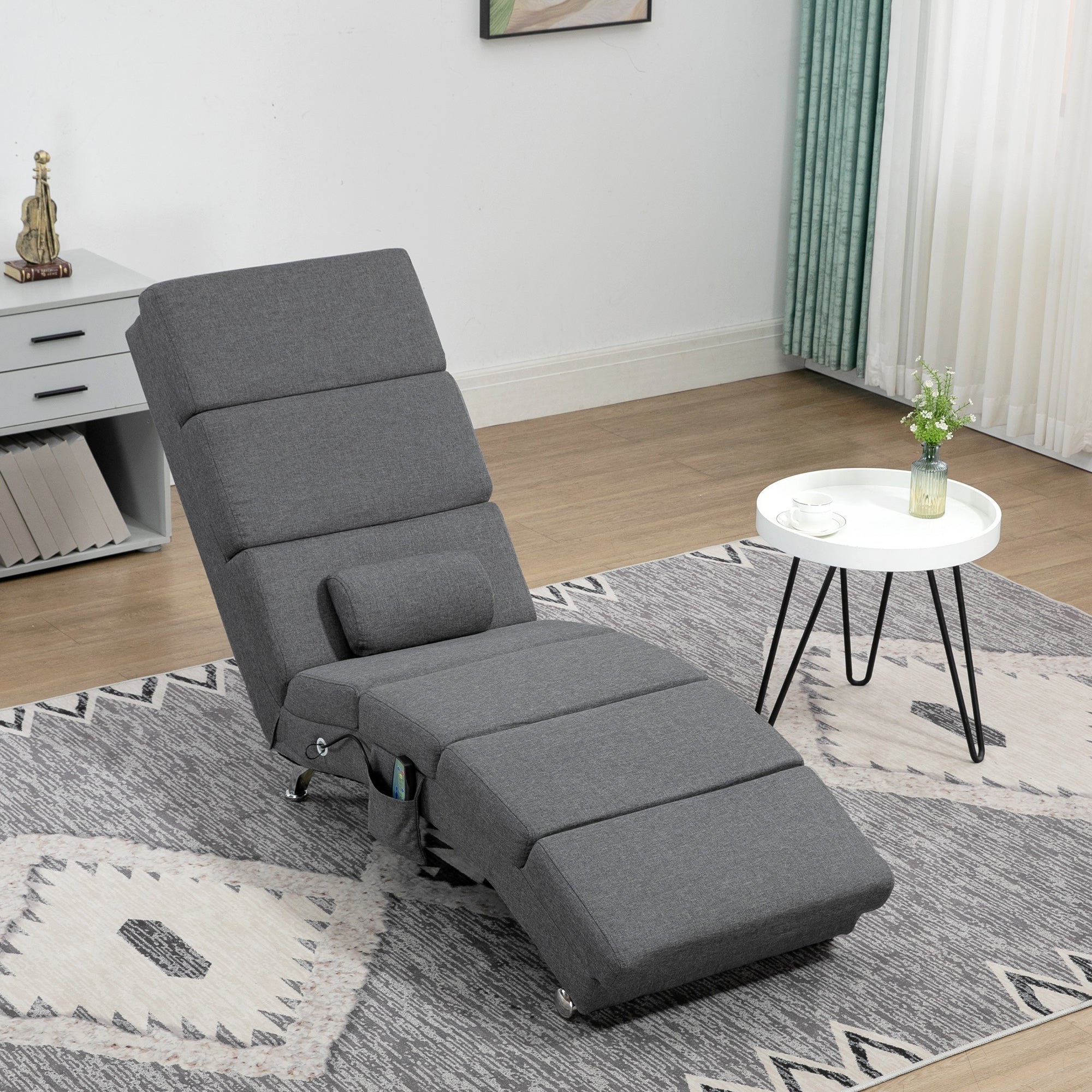 Fauteuil relax salon fauteuil de massage et chauffage meridienne chaise longue d'intérieur, avec télécommande et oreiller, chambre à coucher, salon, tissu effet lin gris