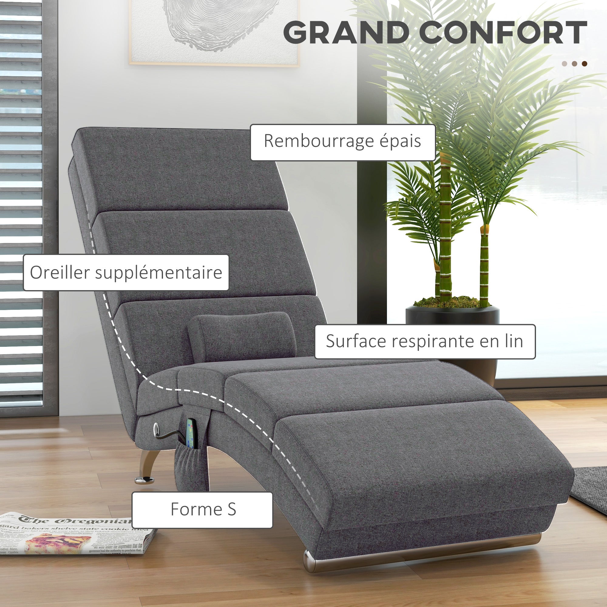 Fauteuil relax salon fauteuil de massage et chauffage meridienne chaise longue d'intérieur, avec télécommande et oreiller, chambre à coucher, salon, tissu effet lin gris