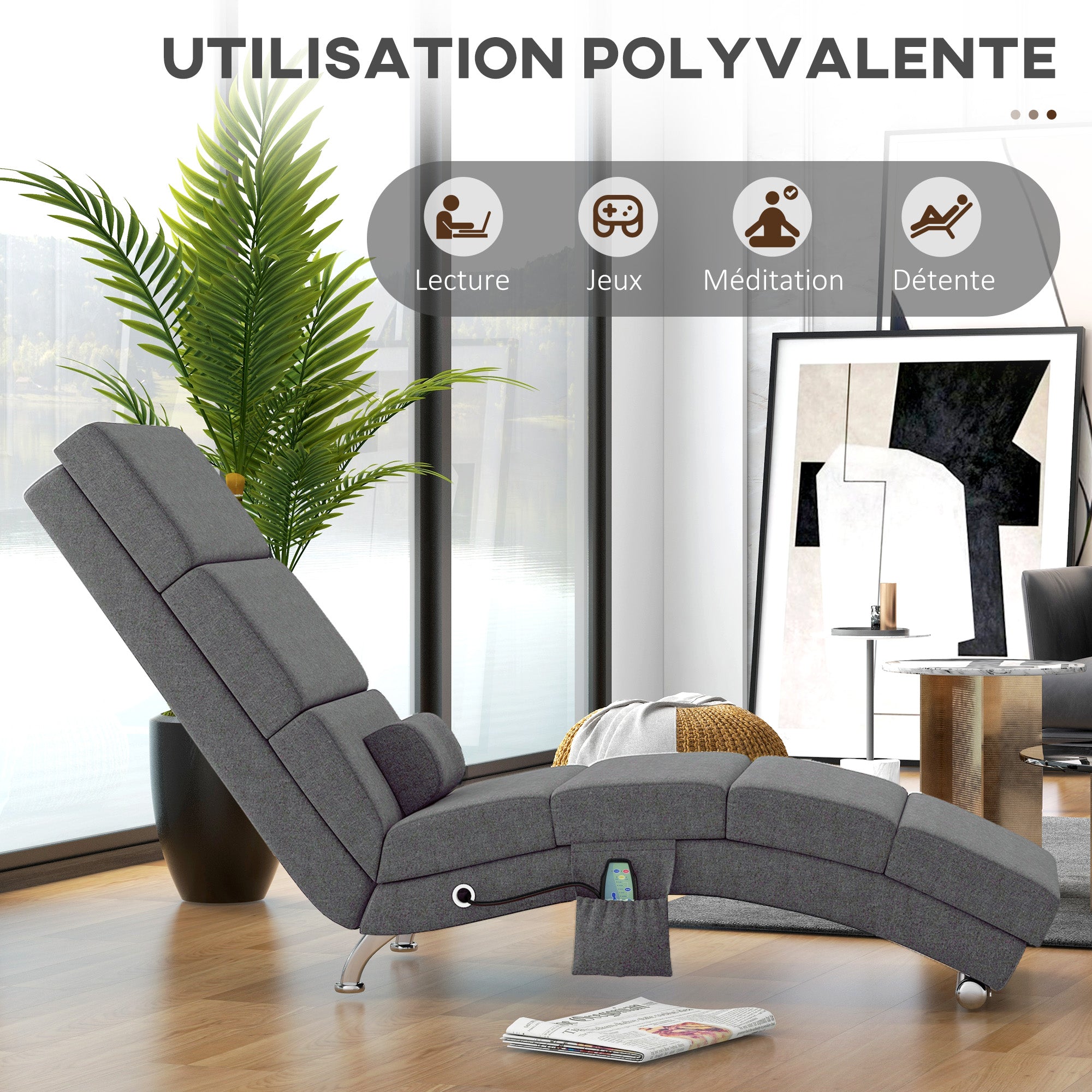 Fauteuil relax salon fauteuil de massage et chauffage meridienne chaise longue d'intérieur, avec télécommande et oreiller, chambre à coucher, salon, tissu effet lin gris