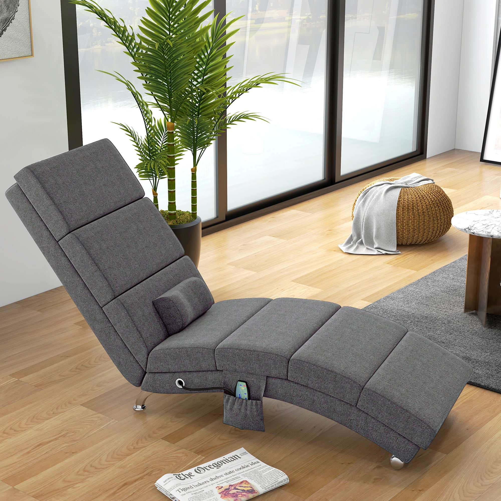 Fauteuil relax salon fauteuil de massage et chauffage meridienne chaise longue d'intérieur, avec télécommande et oreiller, chambre à coucher, salon, tissu effet lin gris