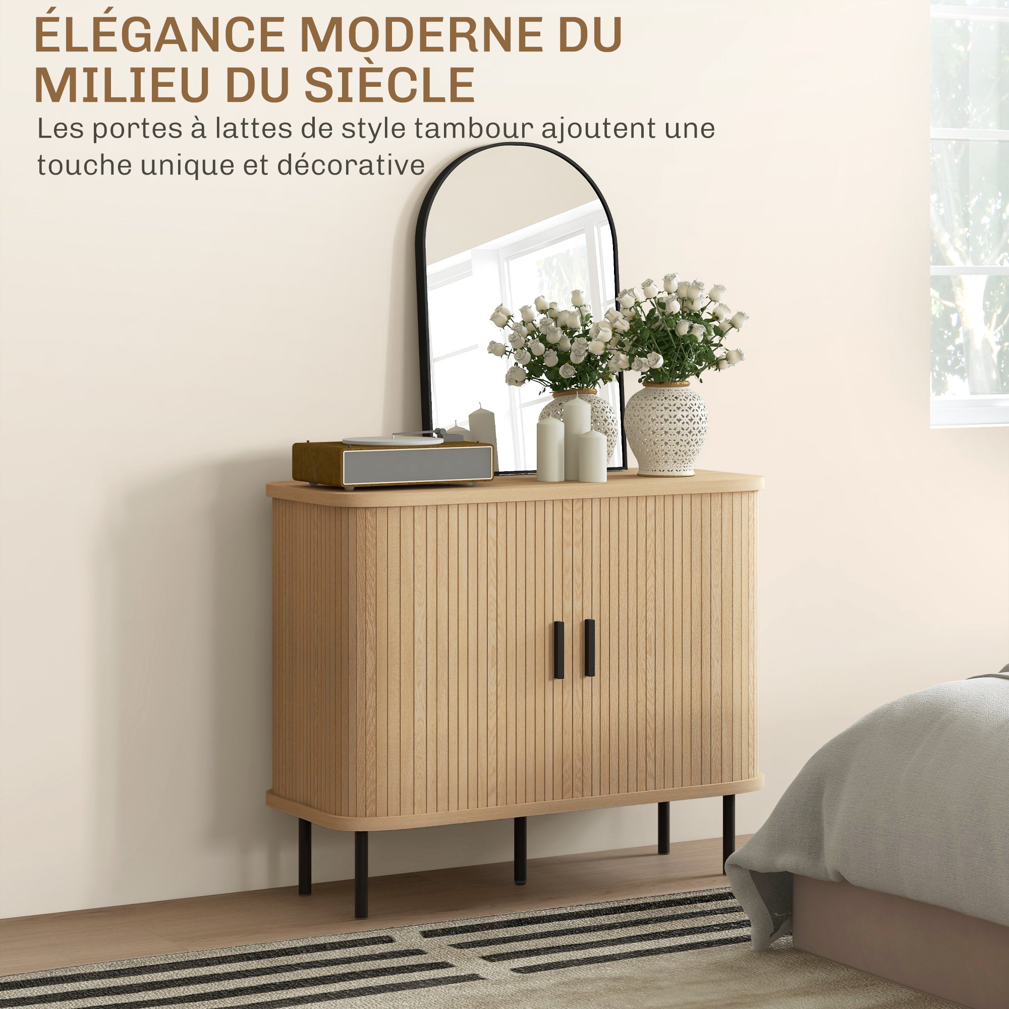 Buffet meuble de rangement avec portes coulissantes à lattes, armoire de cuisine avec pieds en acier, dim. 90L x 40l x 75H cm ton chêne