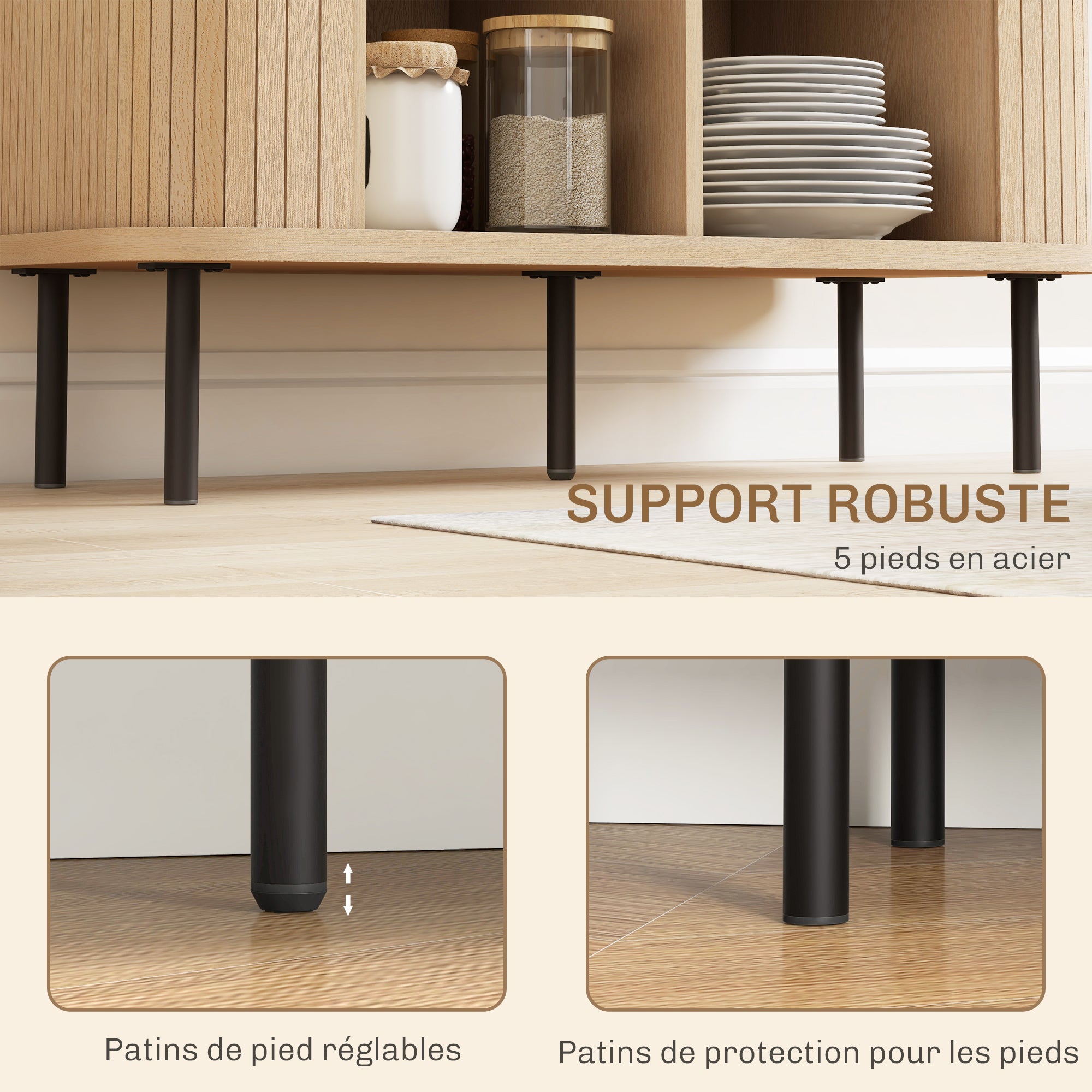 Buffet meuble de rangement avec portes coulissantes à lattes, armoire de cuisine avec pieds en acier, dim. 90L x 40l x 75H cm ton chêne